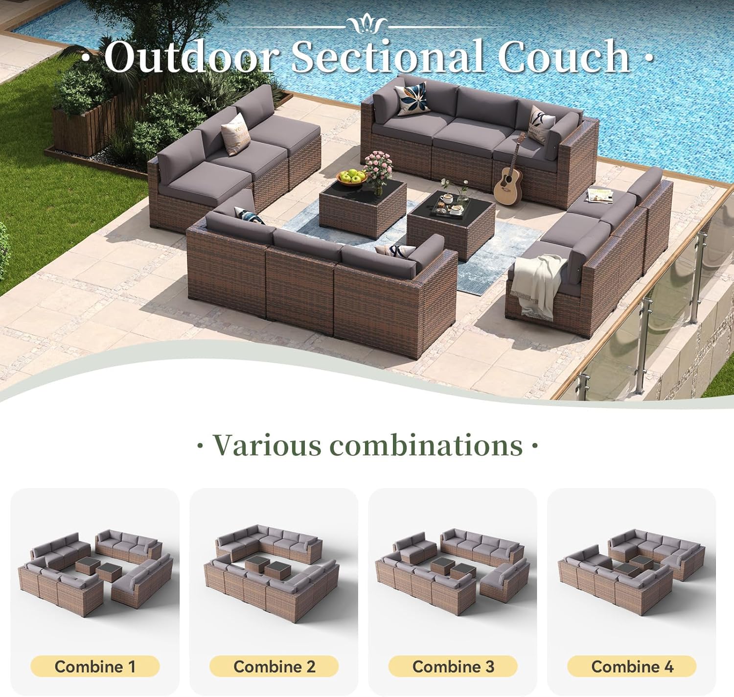 Aoxun 14 Piece Patio Furniture Set Wicker Rattan Patio Conversation Set Outdoor Sectional Sofa Set with Coffee Table and Thickened Cushions, Gray