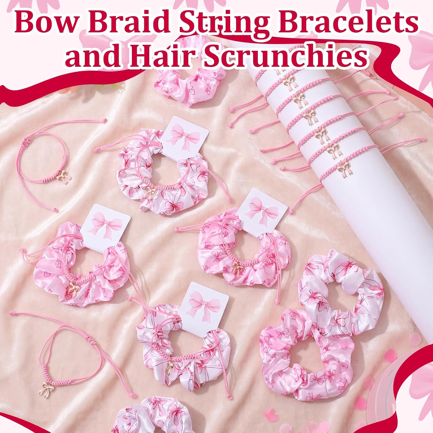 Hoteam 24 Sets Girls Trip Party Favors Bulk Adjustable Coquette Bow Braid String Bracelets Pink Hair Scrunchies with Bow Cards Girls Weekend Vacation Gifts for Women Girl Travel Trip Supplies(Elegant)