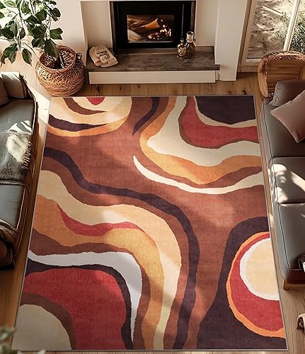 Miniatura 2 de YIHOUSE Alfombra naranja quemada lavable de 8 x 10 pies, alfombras para salas, alfombras retro de granja, alfombra ondulada abstracta geométrica