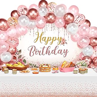 72 Pieces Birthday Decorations for Women Girls Included Backdrop Tablecloths Balloons Floral Garland Happy Birthday Party Supplies for Ladies Birthday Party Decor (Rose Gold)