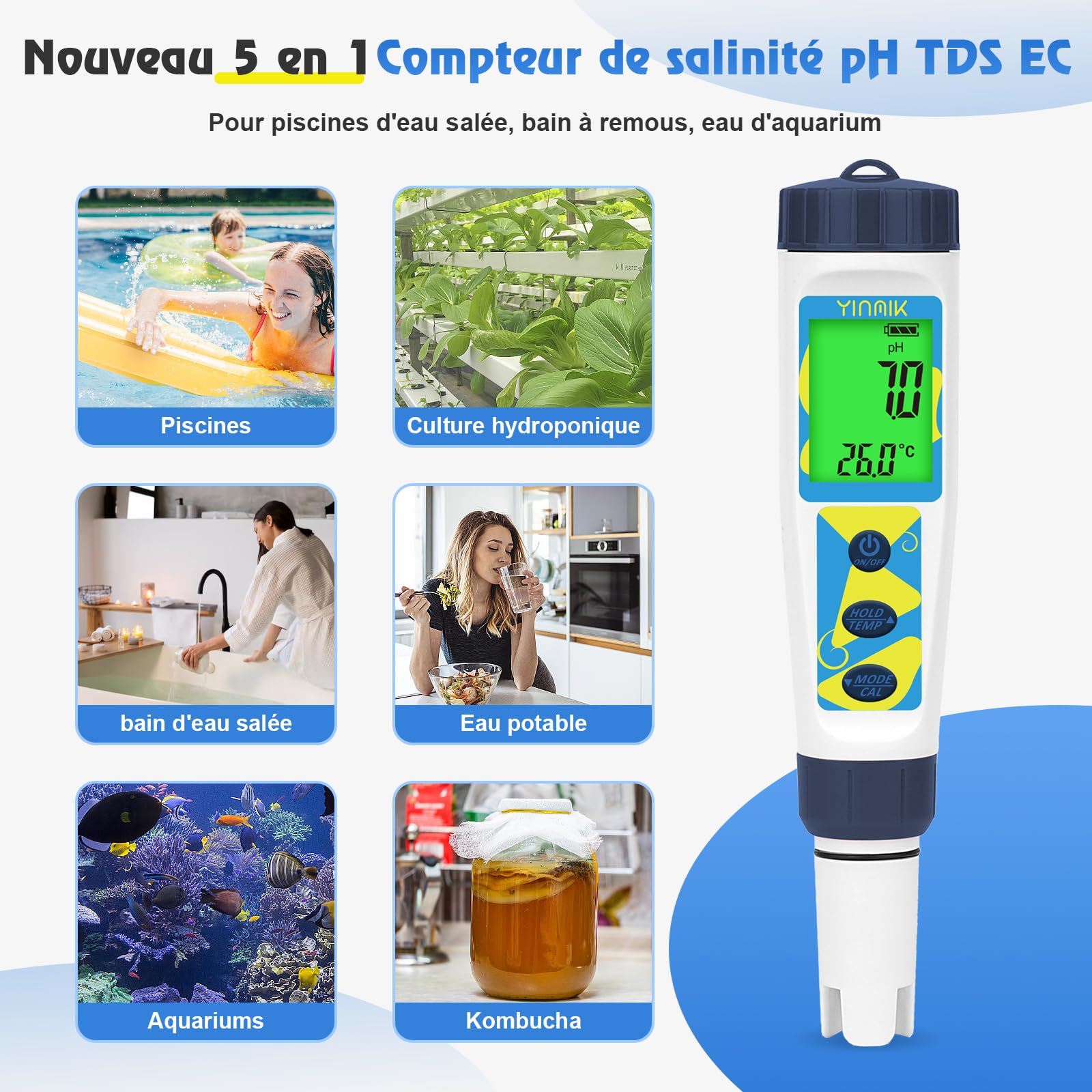 YINMIK Testeur de pH Salinité Numérique, Testeur électronique de pH, Testeur de pH Portable pour piscines d'eau de mer, convient aux piscines, aquariums, cultures hydroponiques, eau potable, etc.