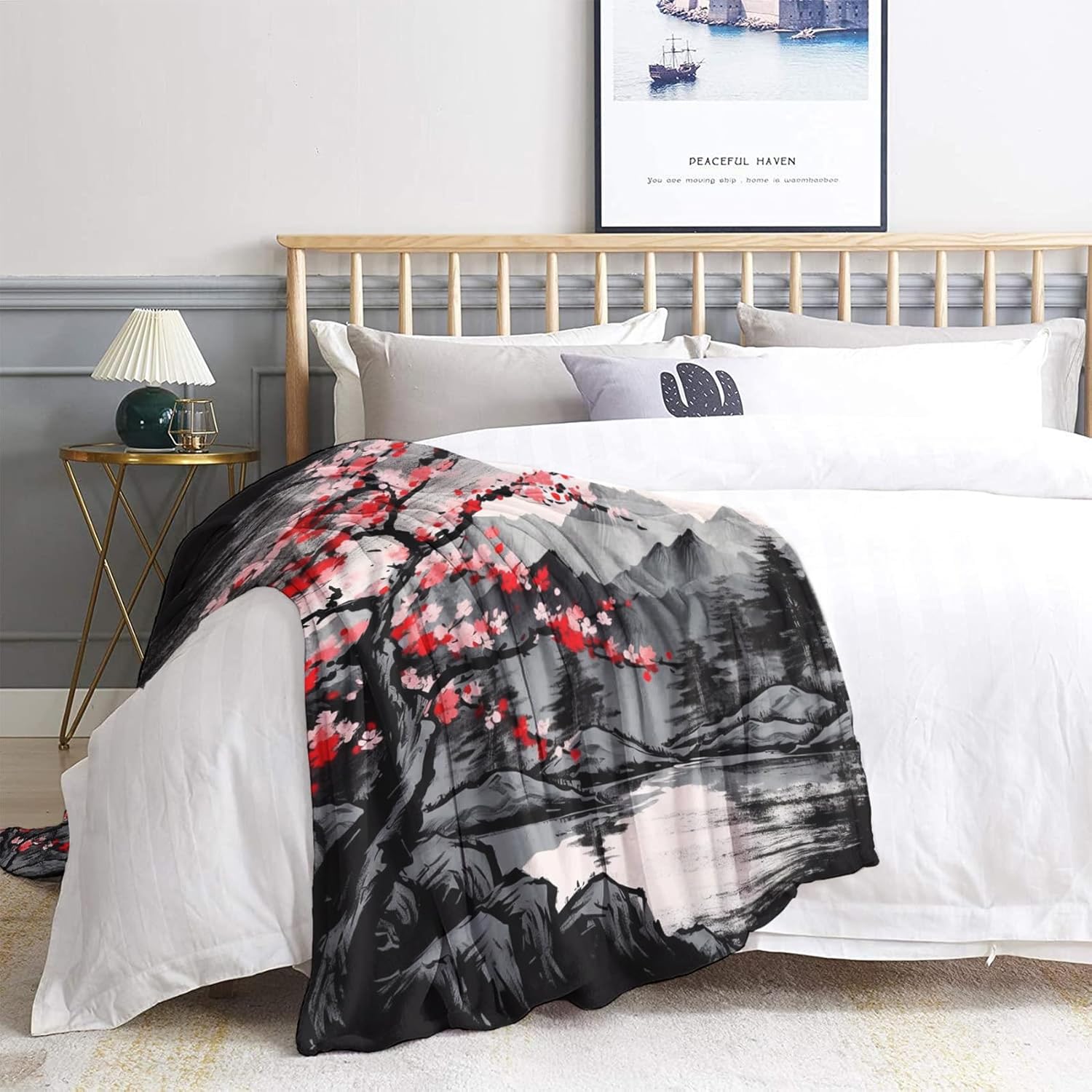 Japanese Throw Blanket, Fleece Blanket for Couch Bed Sofa, Japan Mountain Cherry Blossom Blankets and Throws, Super Soft Cozy Fuzzy Plush Flannel Blanket, 50x60, Decor & Gift