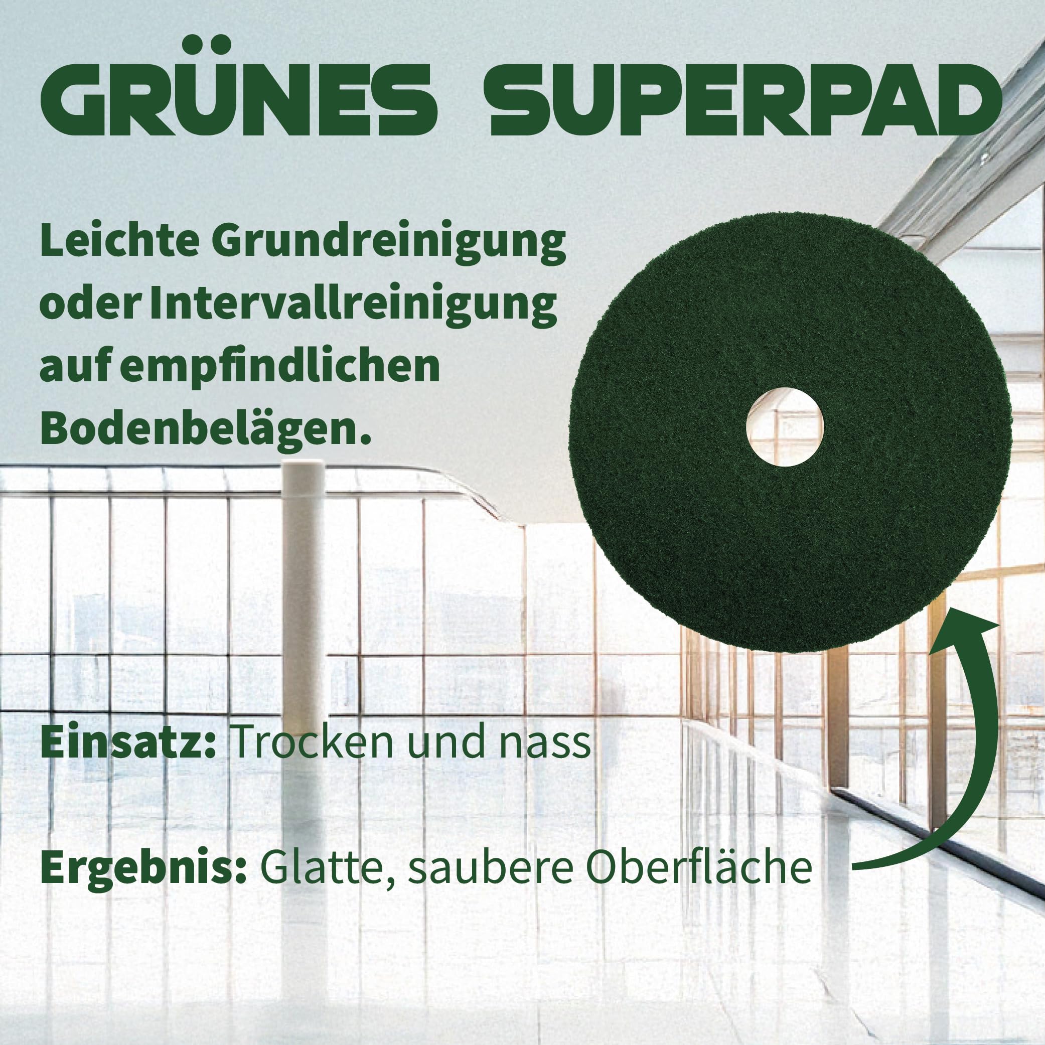 Superpads Maschinenpads aus Polyester 23-25mm - Reinigungspads für Trocken- & Nassanwendung - Hohe Reinigungsleistung für verschiedene Bodenarten (18 Zoll, Grün, 3er Set)