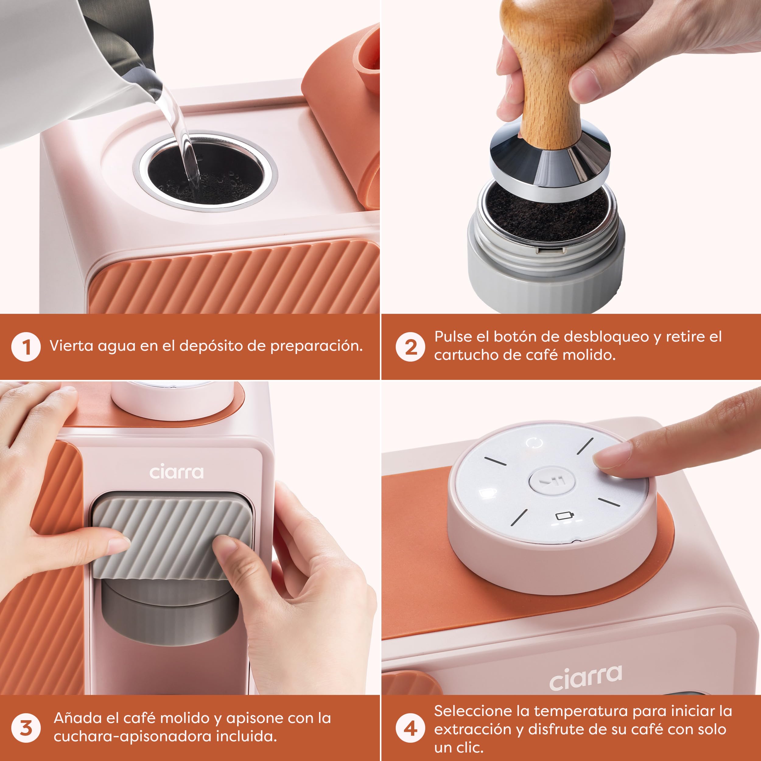 CIARRA BloomBox Cafetera Portátil Espresso de 15 bares Rosa | con Batería y Conexión a la Red Eléctrica, Máquina de Café Recargable Autocalentable para Acampadas y Viajes - CBPCM551-P