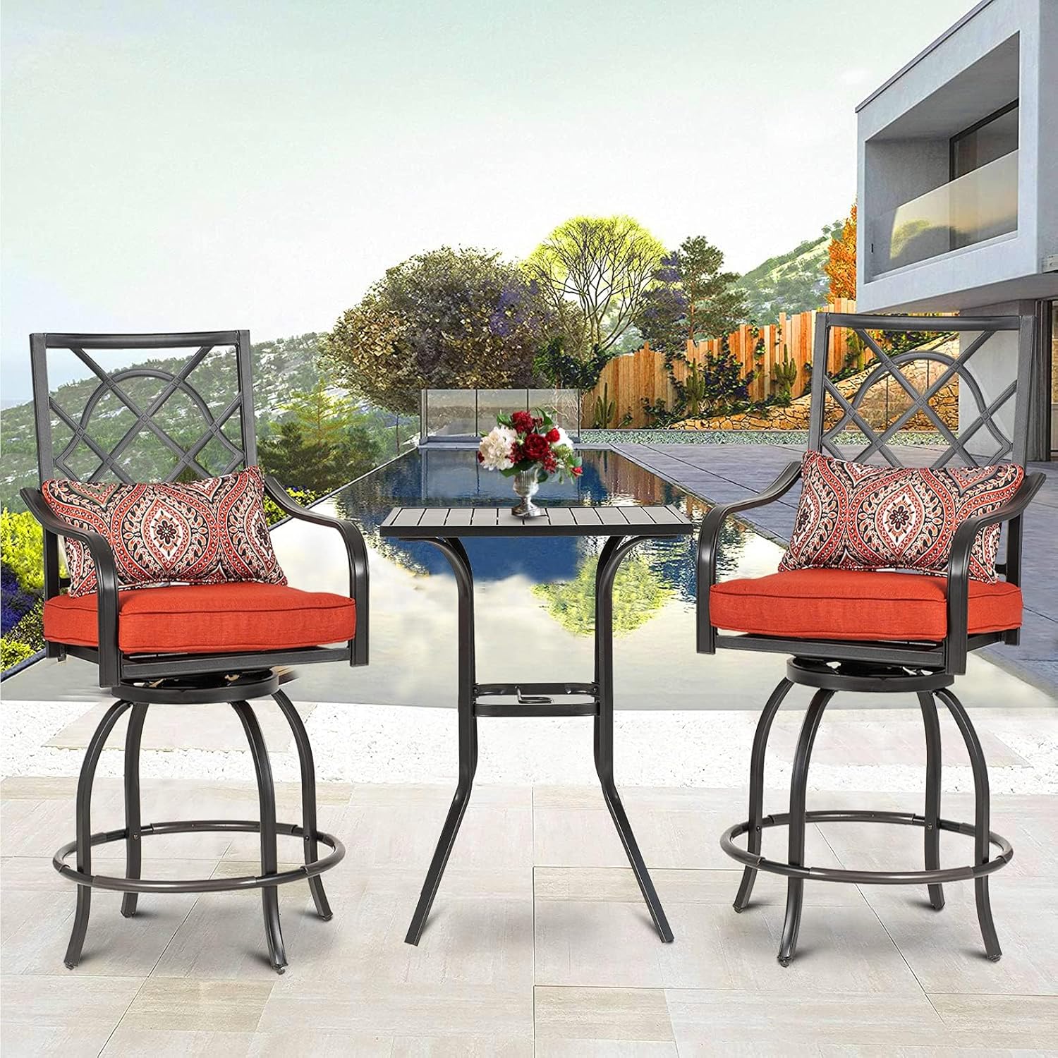 Crownland 3-Piece Patio Swivel Bar Stools Set, All Weather 360 Degree Outdoor Metal Frame Swivel Bar Chair Bar Stool with Iron High Bar Table for Backyard, Lawn Garden, Balcony(Red)