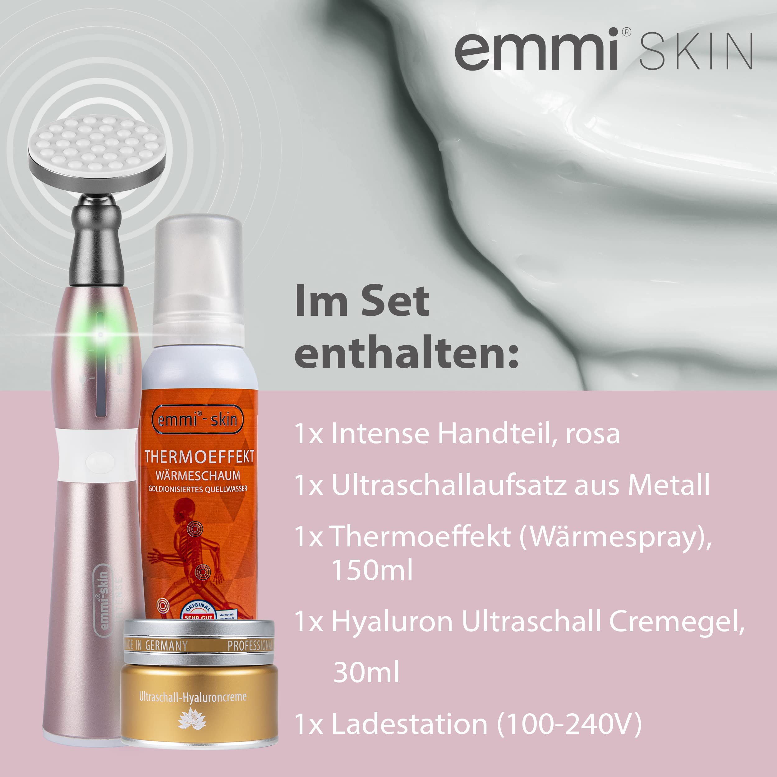 Intense Basis Set – kosmetisches Ultraschallgerät mit Wärmebehandlung zur Faltenreduzierung, Hautstraffung, Anti-Aging, mit Hyaluron-Creme und Wärmeschaum