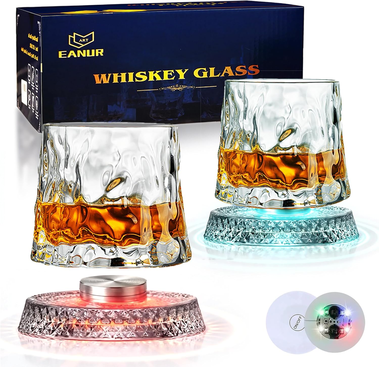 Rotating Whiskey Glasses with LED Crystal Base, Spinning Old Fashioned Glass for Bourbon & Scotch, Anti-Toppling Stress Relief Barware, Gifts for Men Dad Husband (10 oz, Gift Box)