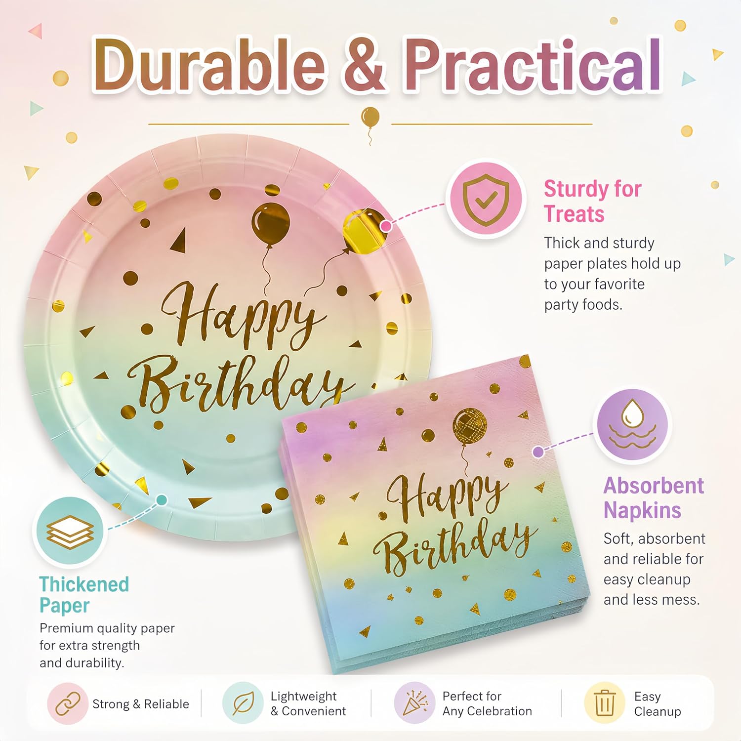 50PCS Happy Birthday Paper Plates and Napkins, 7inch Colorful and Gold Polka Dot Birthday Cake Dessert Plates Disposable Tableware Set for Birthday Party Supplies Decorations (Birthday Colorful) image 4