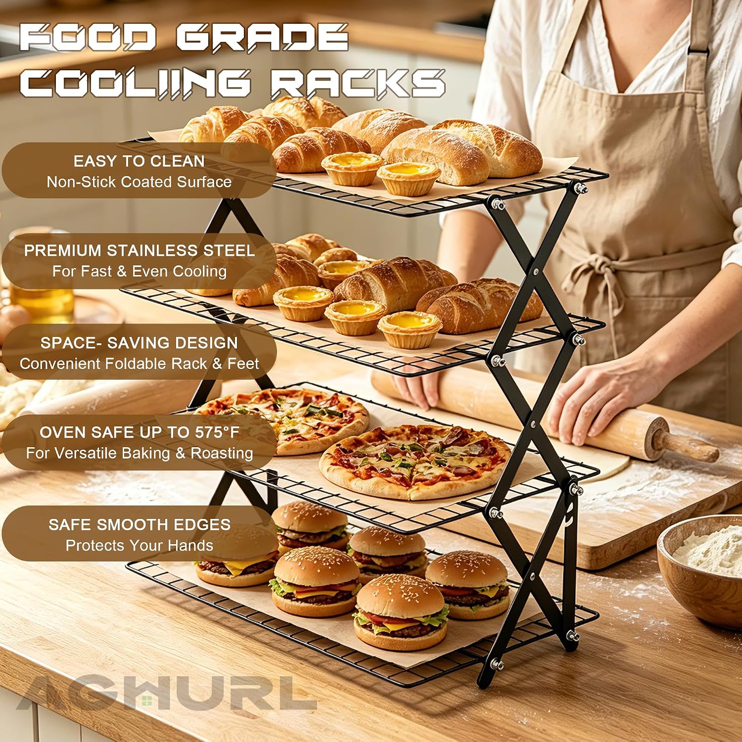 4-Tier Collapsible Cooling Rack, Adjustable Baking & Grilling Rack