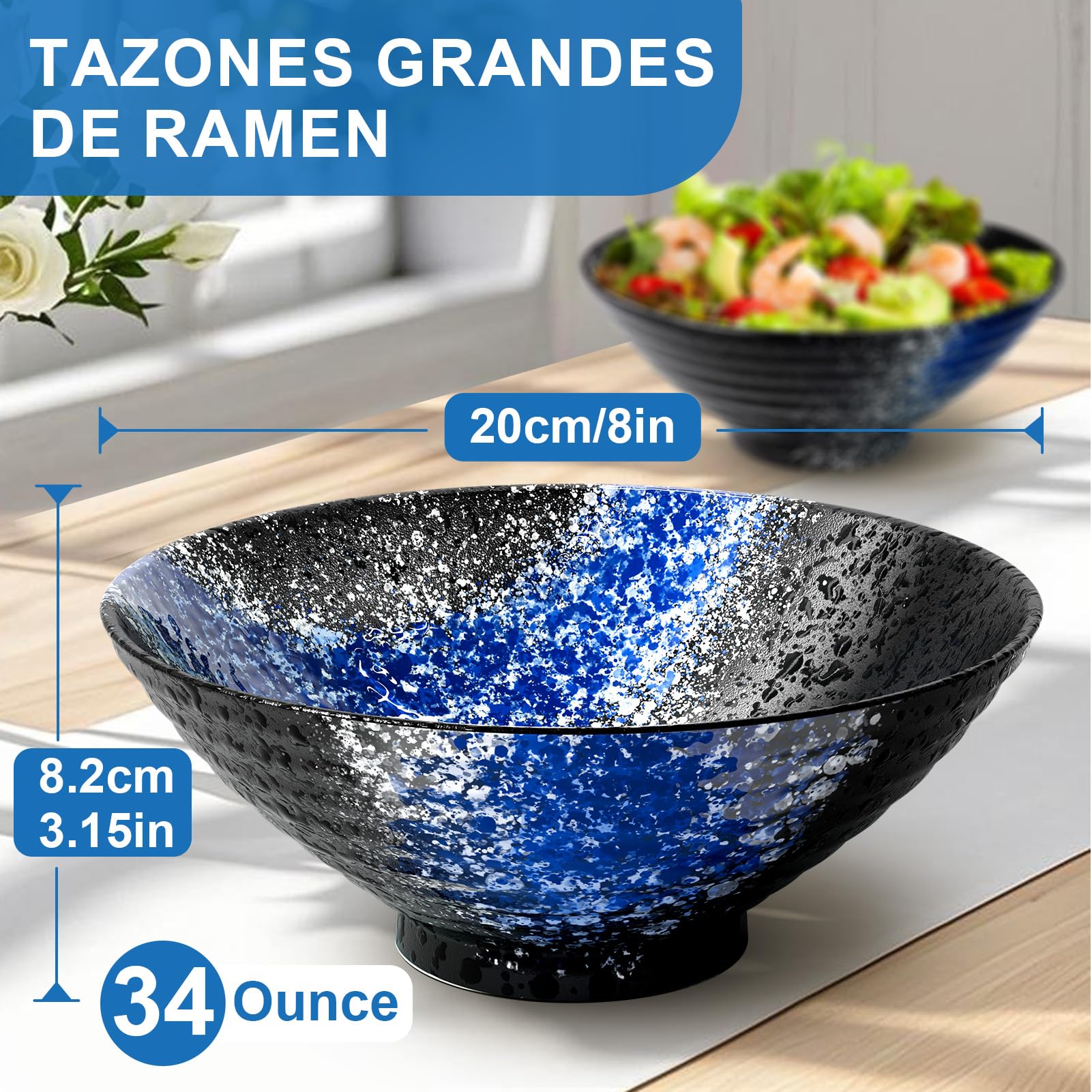 8 Pulgadas Juego De 2 Tazones De Cerámica Para Ramen De(9 Piezas) - Tazones Grandes De Porcelana Para Ensaladas Fideos Cereales Con Recetas Palillos Tenedores Y Cucharas Para Apto Para Lavavajillas