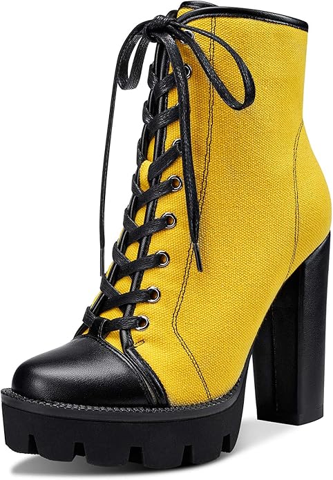 Castamere Women’s High Heel Platform Lace-Up Booties – Chunky Heel Ankle Boots With Zipper & Round Toe (Yellow)