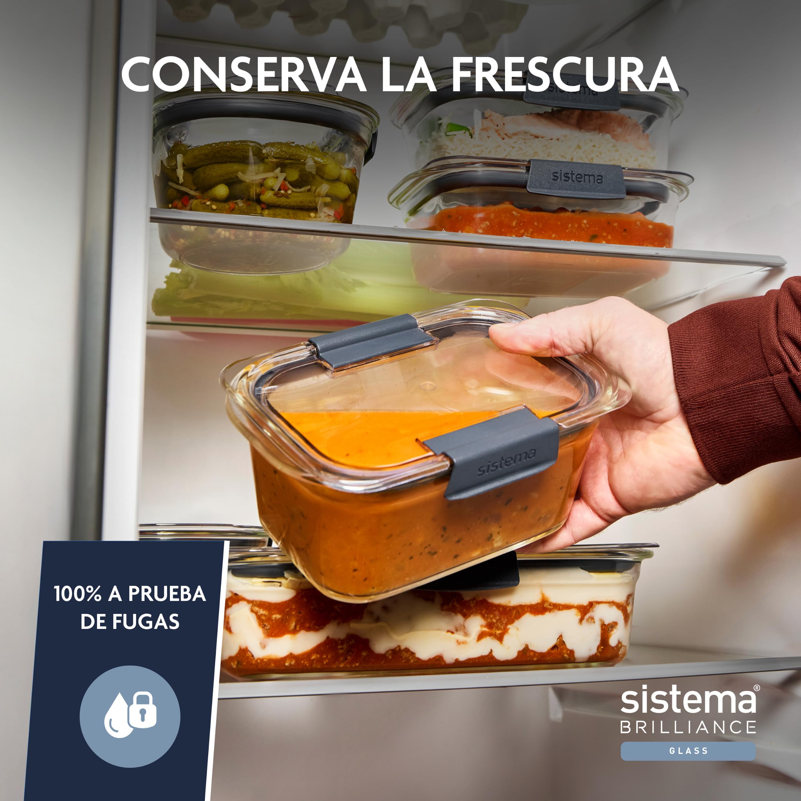 Juego de 8 herméticos de vidrio Sistema Brilliance, 100% herméticos y a prueba de fugas, con válvulas para microondas que evitan salpicaduras, base apta para horno y freidora aire