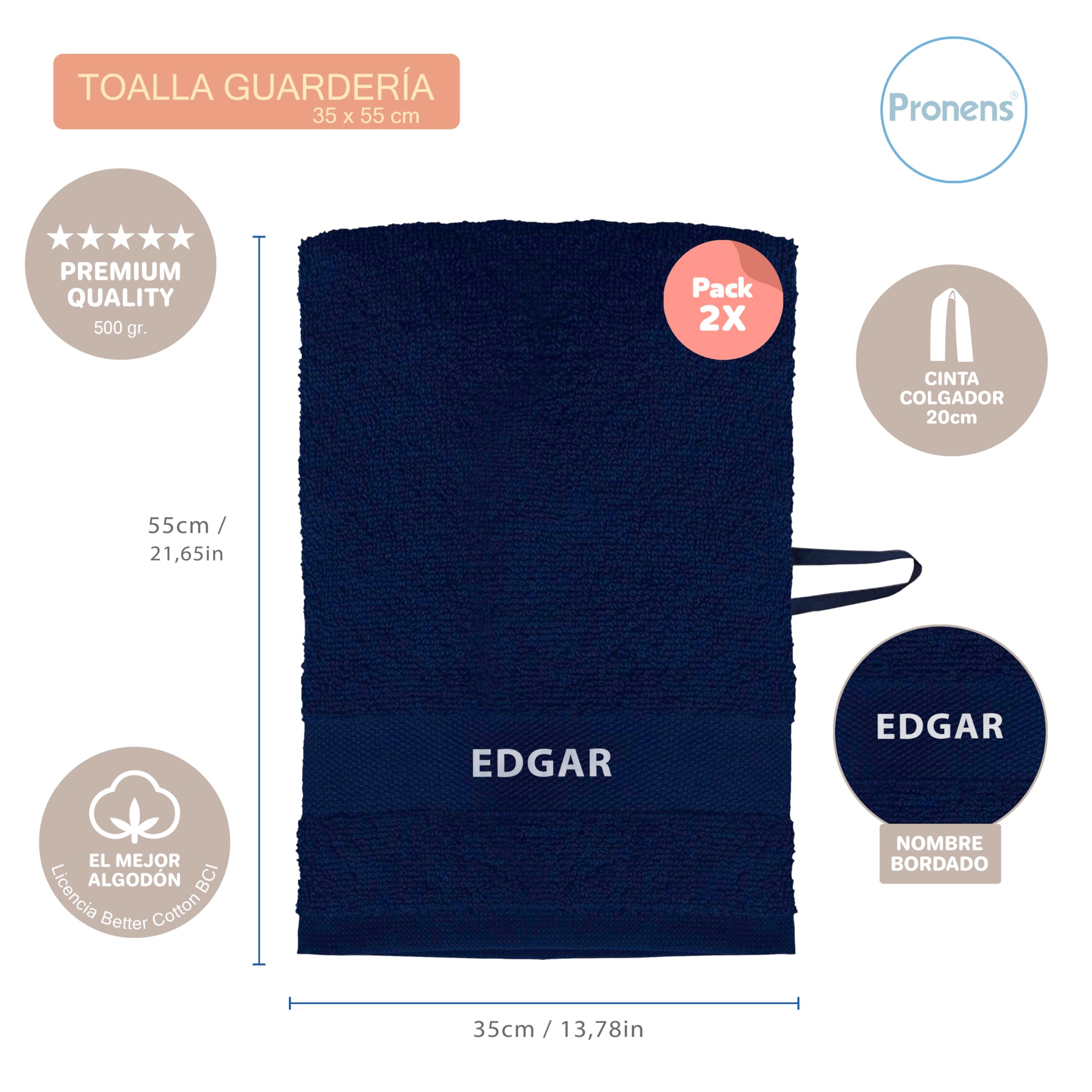 Pack 2 Toallas Guardería con Nombre Bordado Personalizable - Suaves, Absorbentes y Resistentes – 100% algodón – Colgador – Secado Fácil – 30x50cm (Marino)