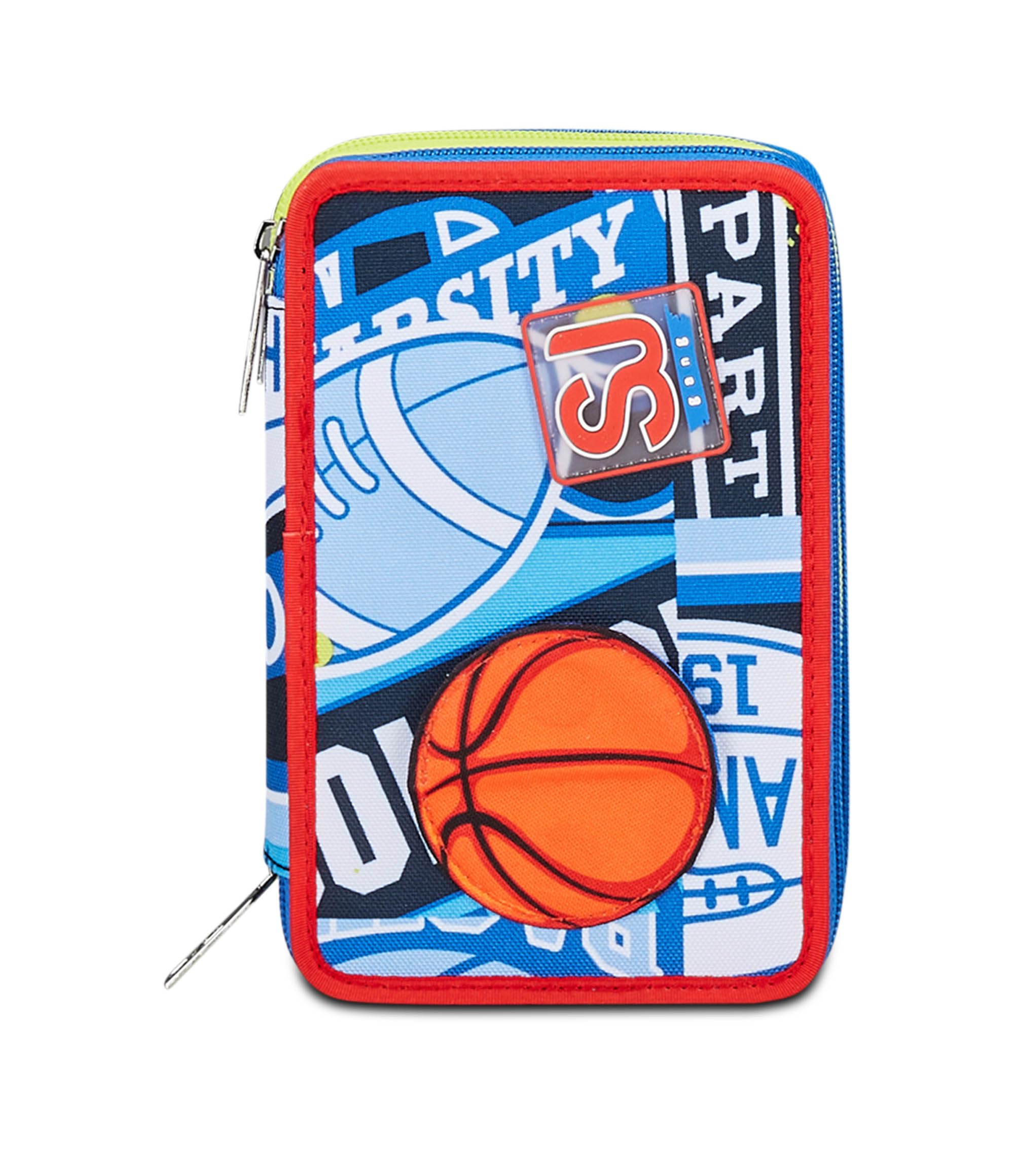 SJ Gang Astuccio Scuola 3 Zip, Blu, RealBasket, Portapenne Triplo Scomparto Completo Di Penne, Matite, Colori, Accessori Zaino, Elementari, Medie, Bambino, 30C202406-535