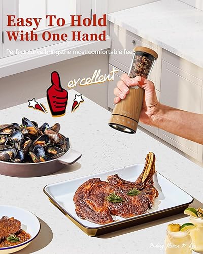 Miniatura 3 de Juego de molinillo eléctrico de sal y pimienta, gran capacidad de 4.5 onzas, diseño de acero inoxidable y madera con grosor ajustable y luz LED,