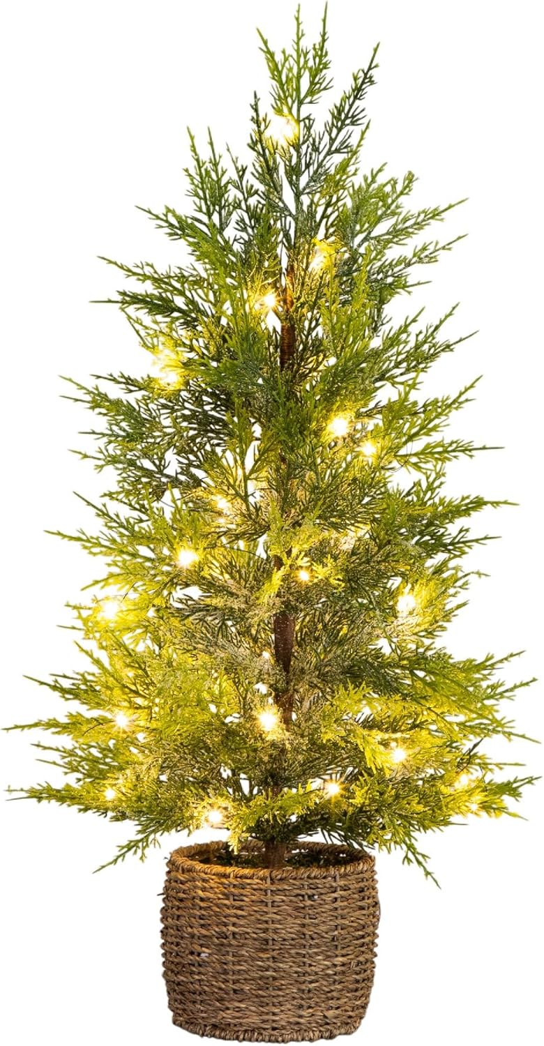 Nearly Natural 32in Pre-Lit Artificial Snowed Cypress Christmas Tree with Warm White LED Lights in Basket