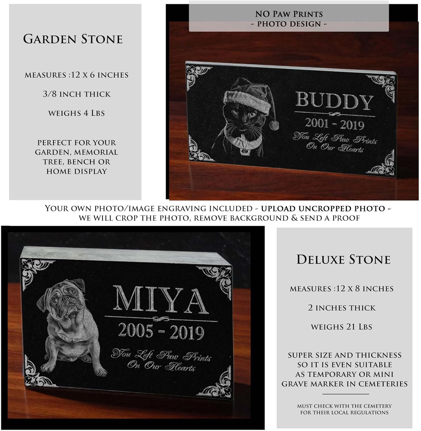 You Left Paw Prints on Our Hearts Pet Memorial Stones Personalized Headstone Grave Marker Absolute Black Granite Garden Plaque Engraved with Dog Cat Name Dates