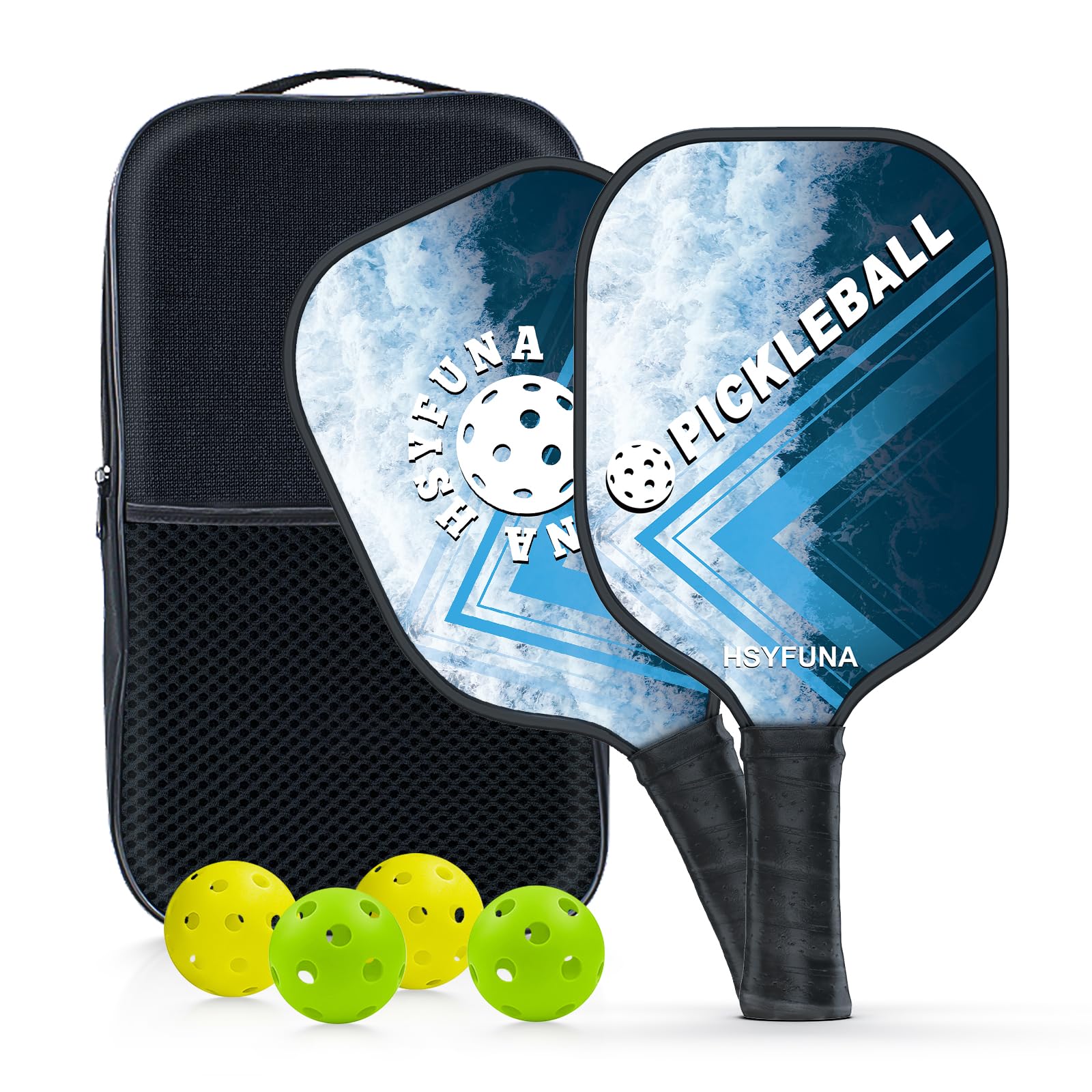 HSYFUNAPickleball Paddles, Pickleball Set with 2 Pickleball Rackets, 2 Outdoor & 2 Indoor Balls with Portable Carry Bag, Pickle Ball for Adults Kids Indoor and Outdoor, A Great Gift for Beginners