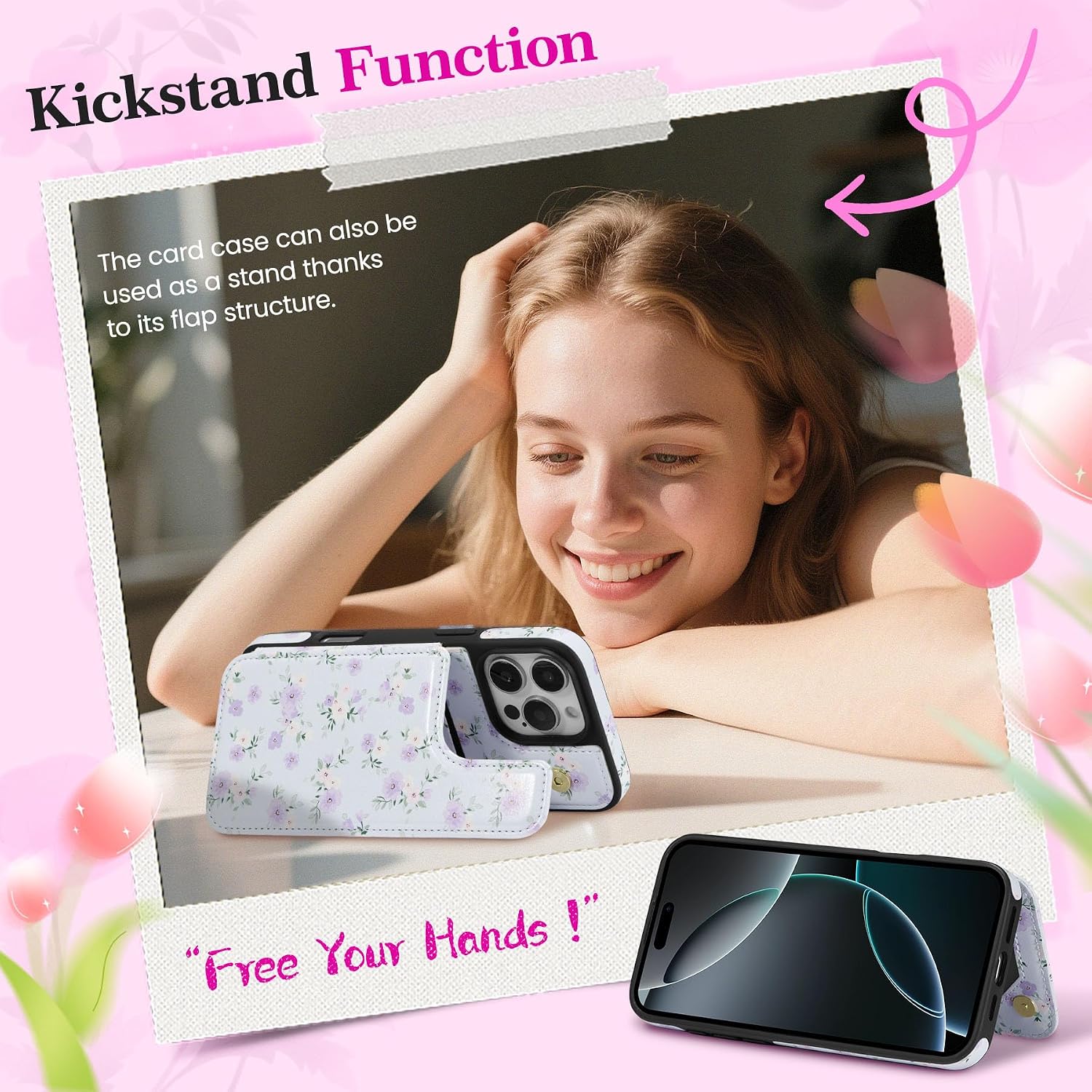 ZCDAYE Wallet Case with Card Holder for iPhone 16 Pro, Purple Flower image 5