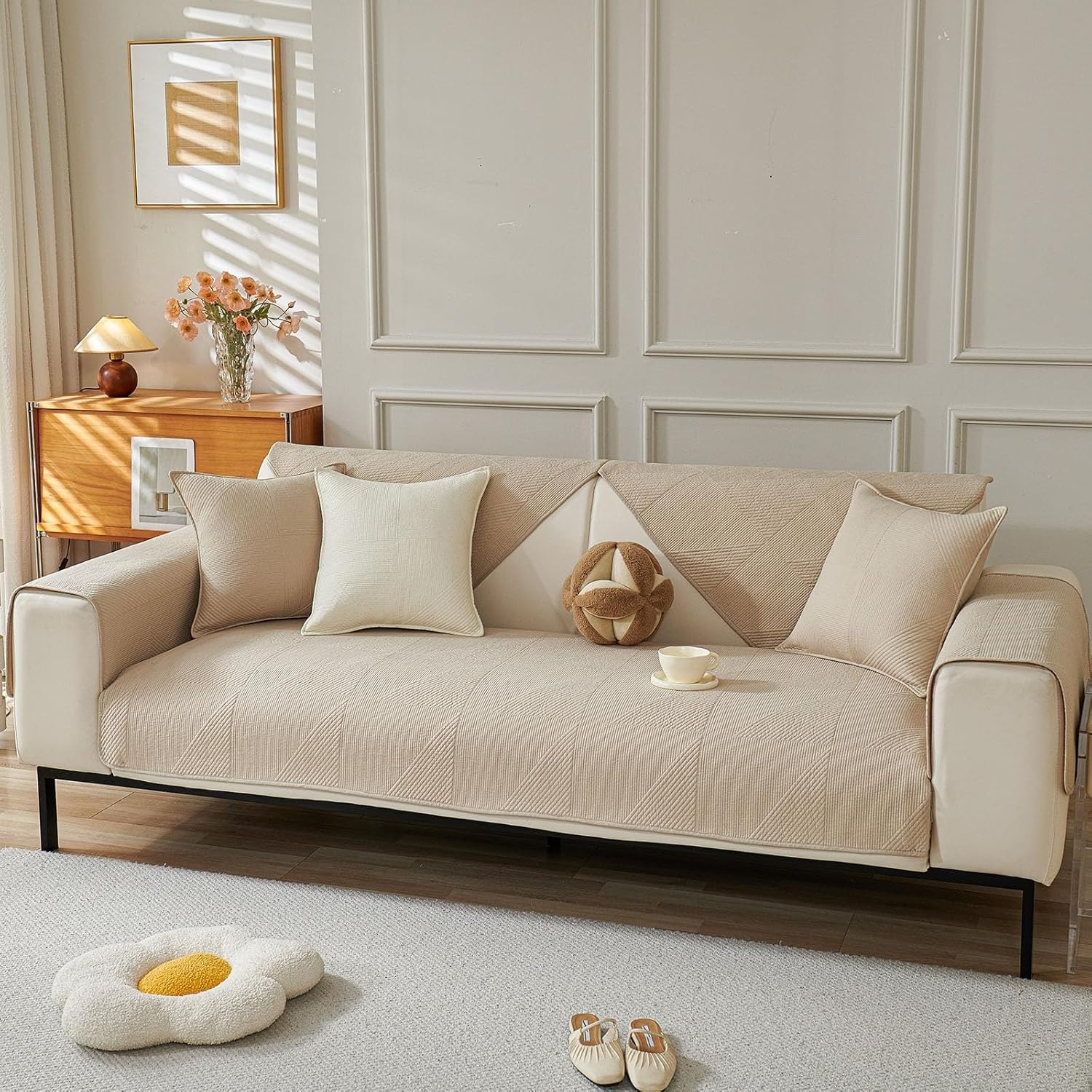 Housse canapé chenille kaki 70x210 cm antidérapante et matelassée pour salon moderne