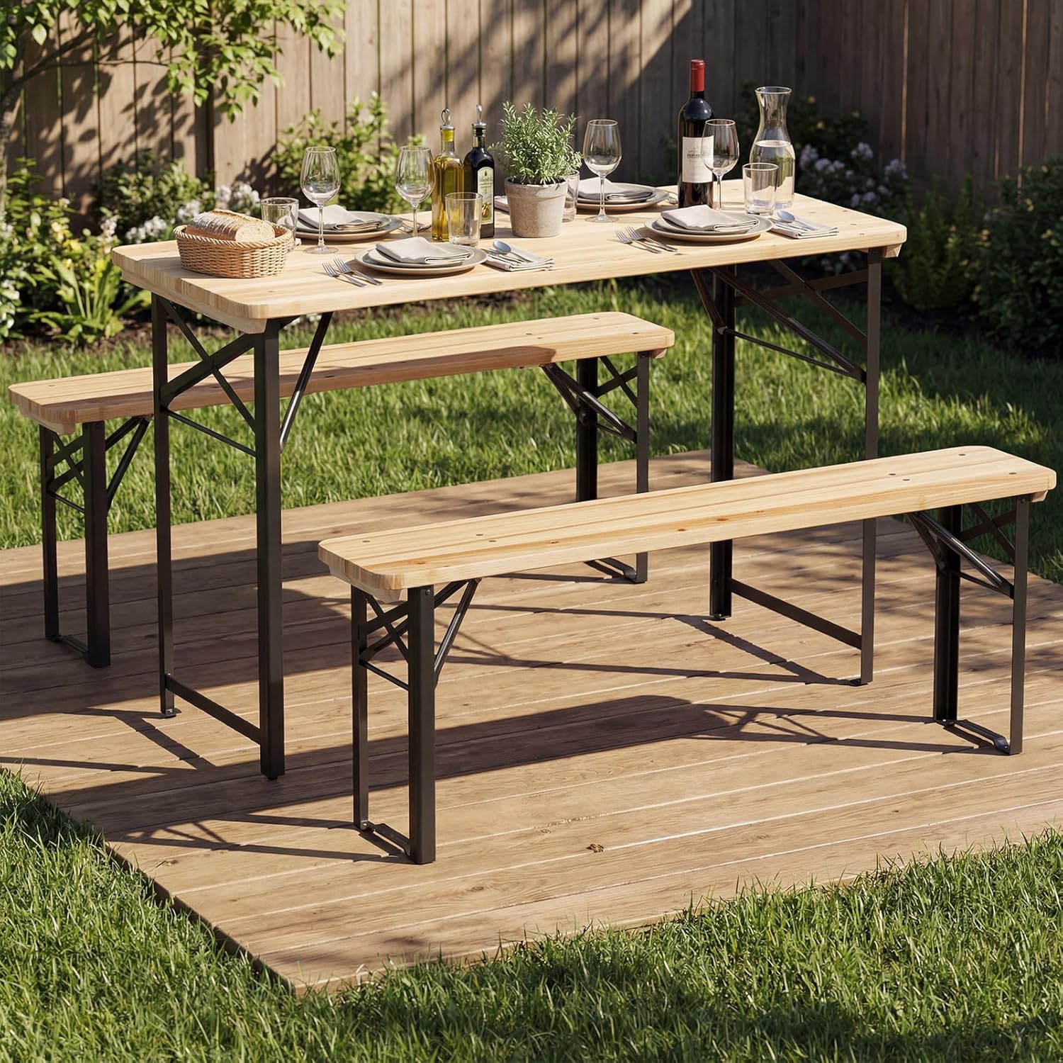 Tangkula 3 Piece Folding Picnic Table with 2 Benches, Foldable Wood Picnic Table Bench Set with Heavy-Duty Metal Frame for 4, Space-Saving Outside Table and Bench Set for Backyard, Patio, Garden