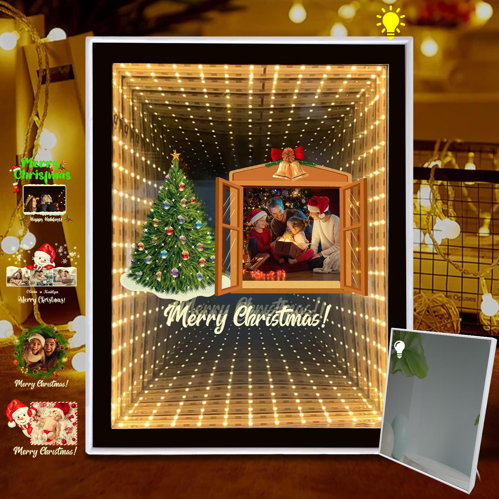Brocade Creek Personalized Infinity Mirror Tunnel Light with Photo/Text, Custom Christmas 3D Magic Mirror Photo Frame with Light, Home Decor Makeup Mirrors Gifts for Christmas