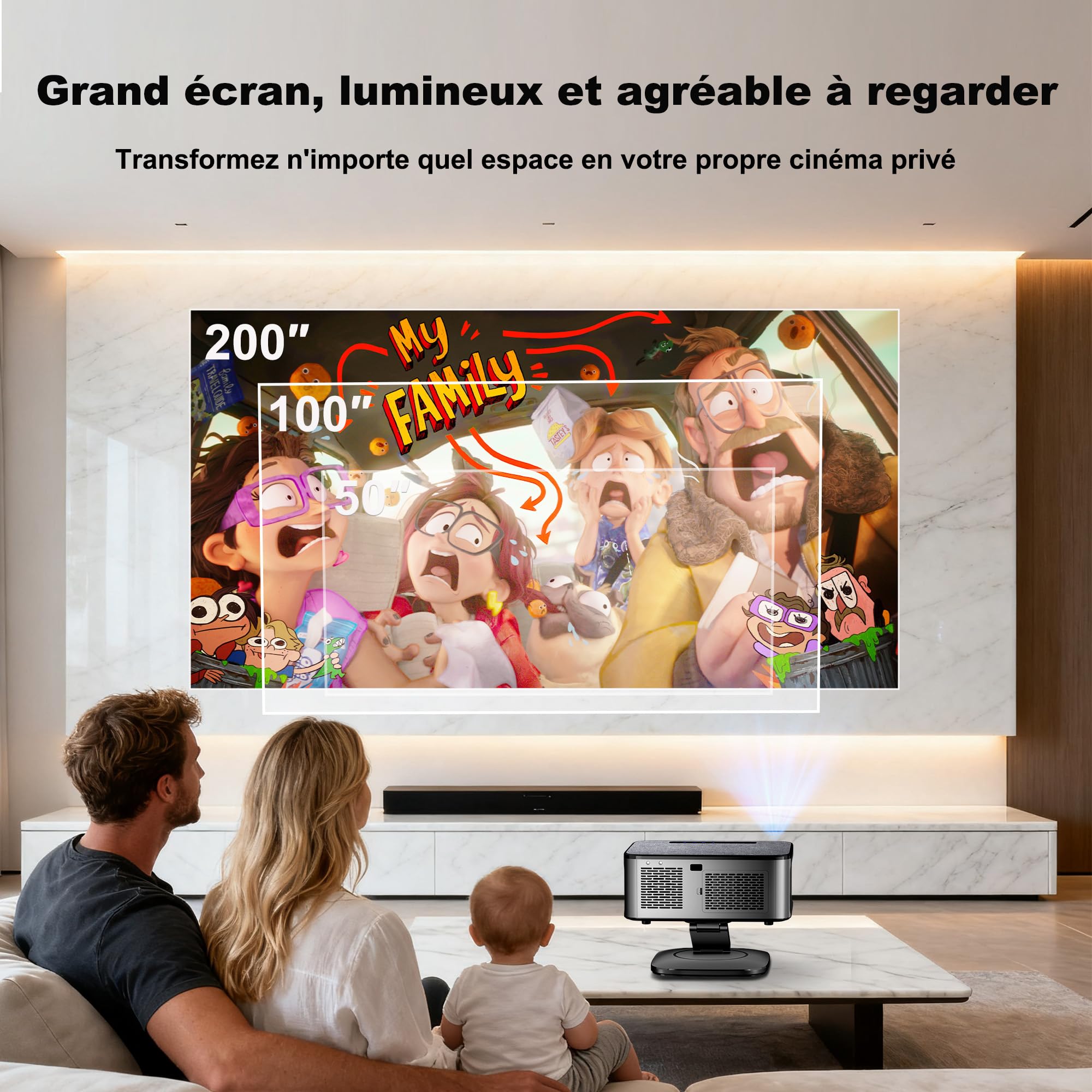 【1500 ANSI/Google TV/Autofokus】 XIWBSY Videoprojecteur 4K Supporté, 38000 Lumen FHD, 360° Rotation, Projecteur Video 4K Contrôle Vocal, Retroprojecteur WiFi6 Bluetooth