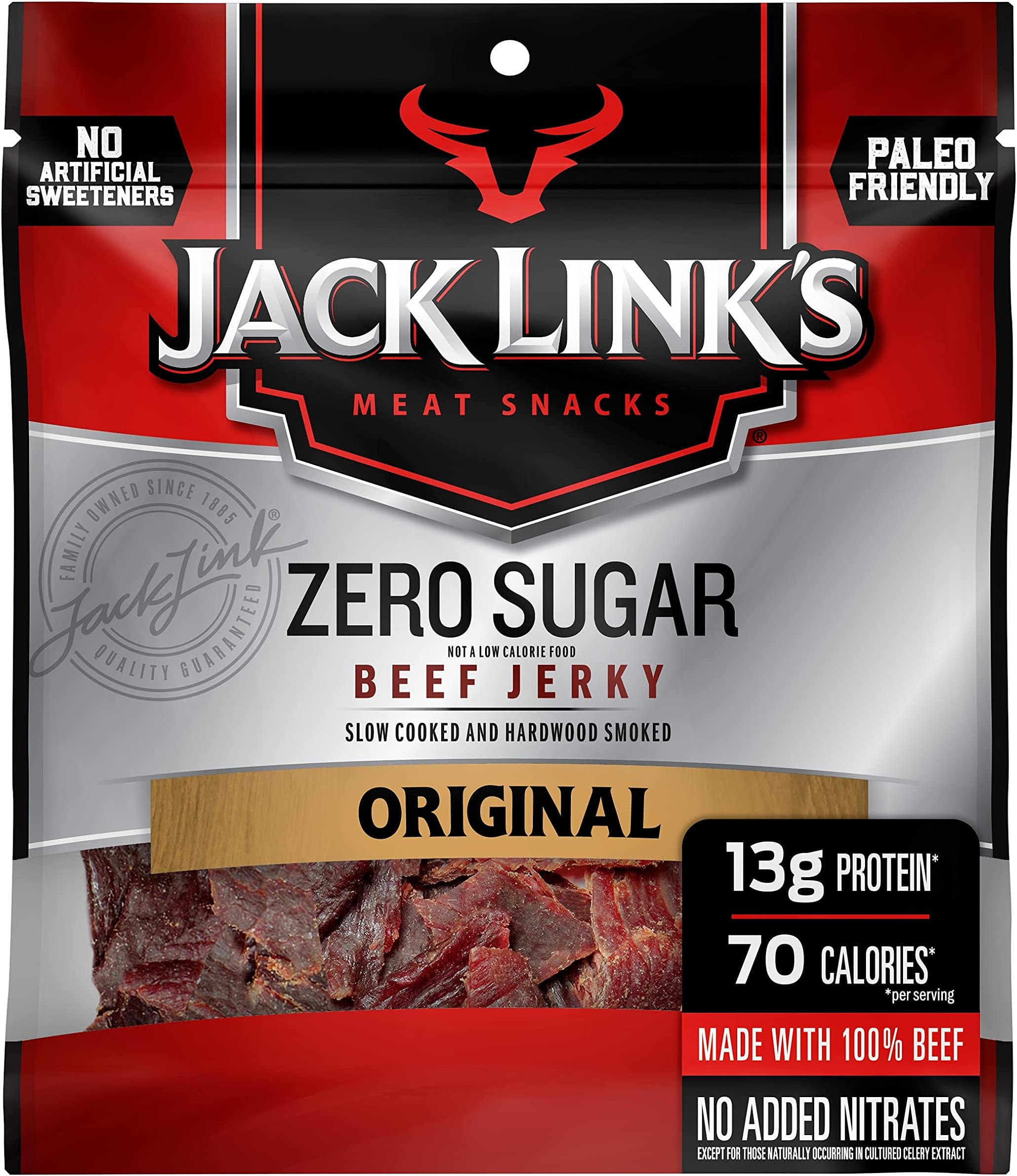 Jack Link's Beef Jerky, Zero Sugar, Paleo Friendly Snack with No Artificial Sweeteners, 13g of Protein and 70 Calories Per Serving, No Sugar Everyday Snack, 2.3 oz