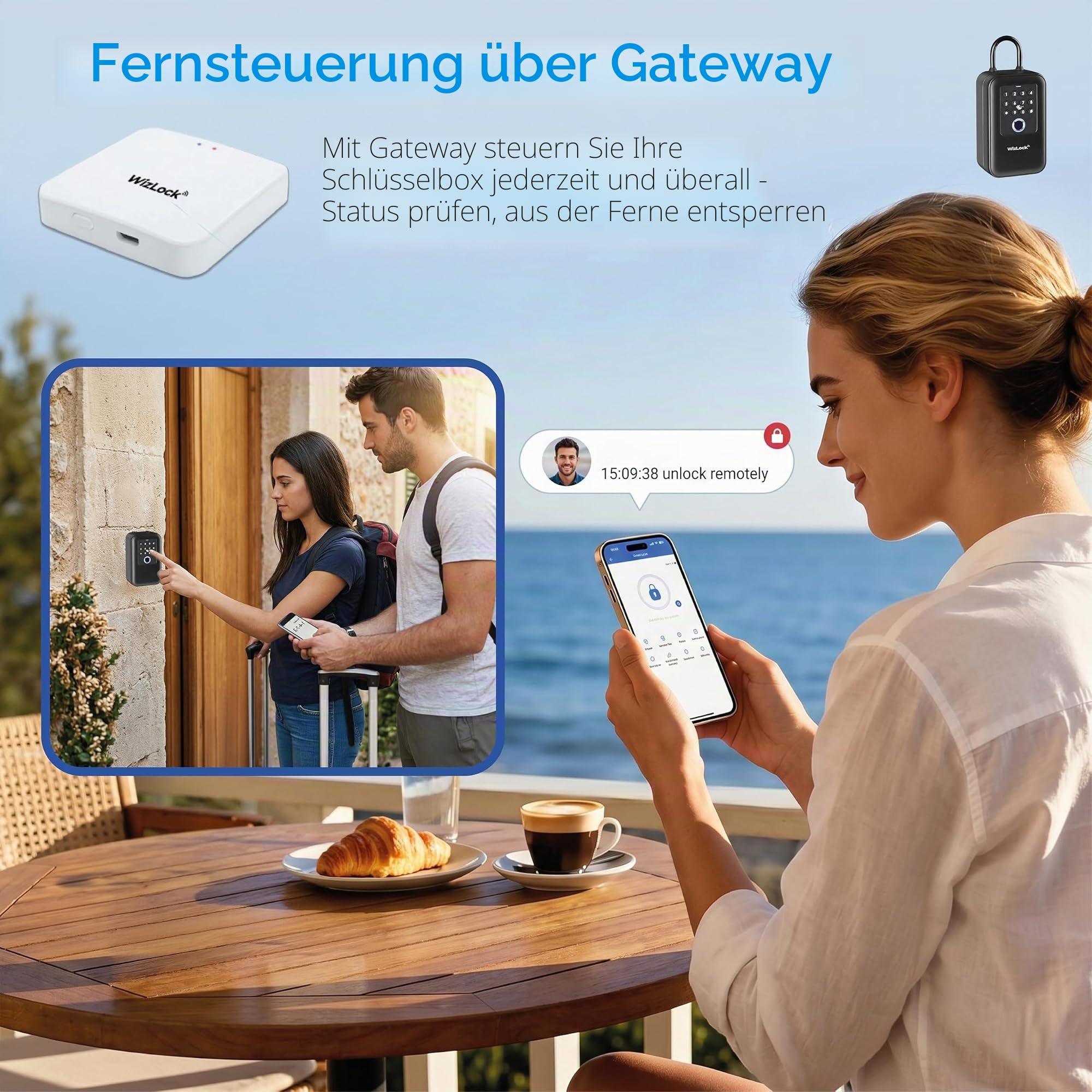 Schlüsseltresor mit Zahlencode, Fingerabdruck & Gateway, außen | Schlüsselkasten – Gateway & 4×AA Batterien inkl. – Türstatussensor – 5 RFID-Badges – IP66 – Bügel ohne Bohren