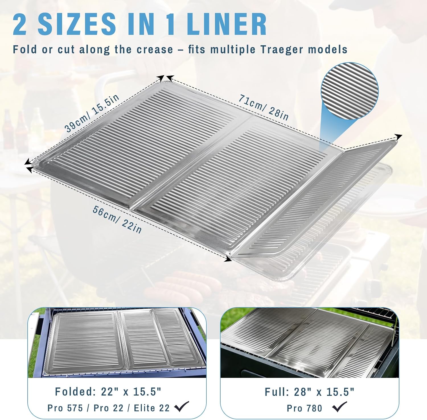 6 Pack Grill Drip Tray Liners for Traeger Pro 575, Pro 22 and Elite 22 / Traeger Pro 780, Aluminum Disposable Drip Trays with Two Size, Grill Accessories (22in / 28in X 15.5in)