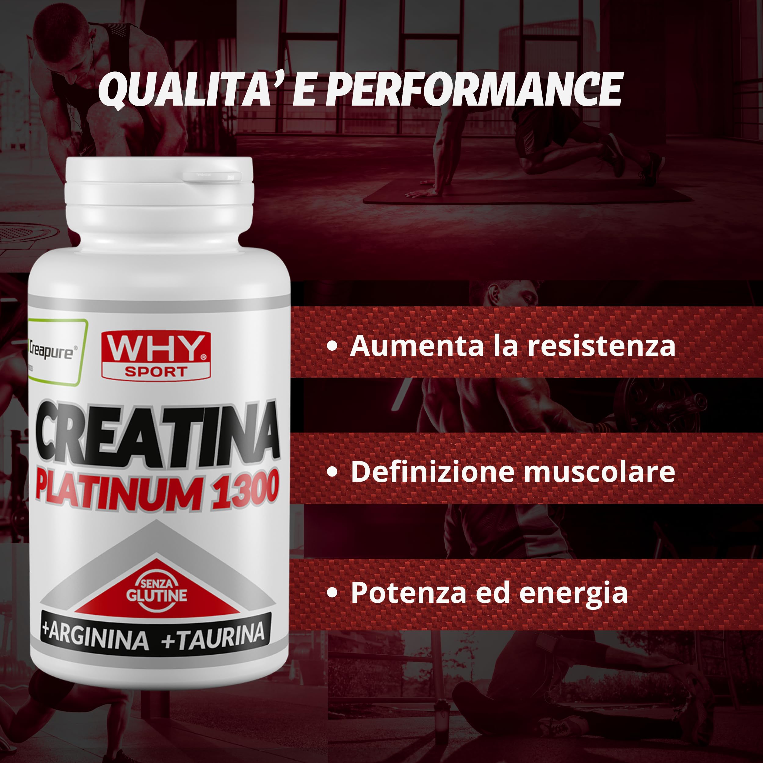 WHY SPORT CREATINA PLATINUM 1300 - Creatina - Pre Workout - Integratore Alimentare a Base di Creatina Monoidrato, Taurina e Arginina – 120 Compresse