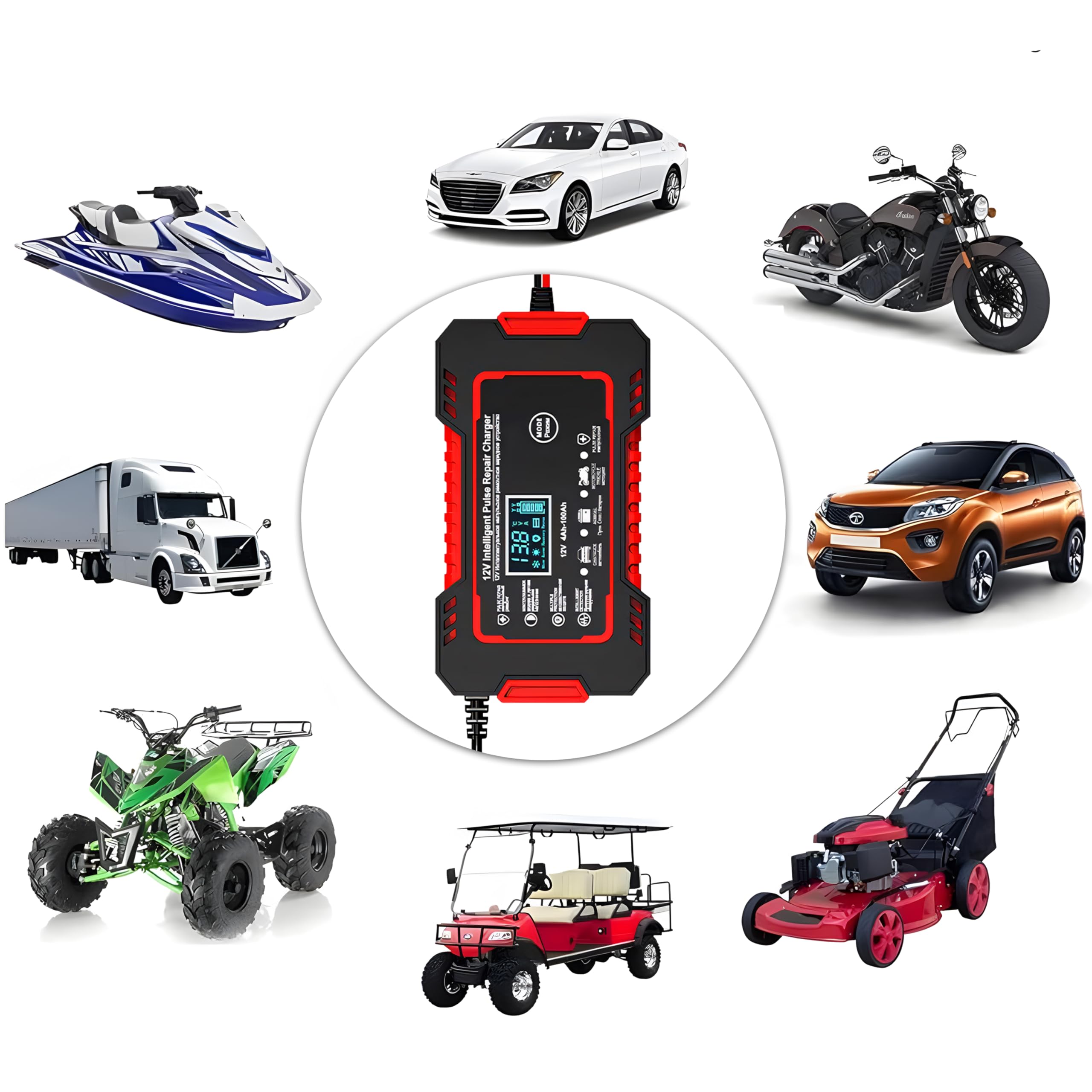 Retoo Automatyczna prostownica samochodowa 12 V/24 V 6A, LCD Smart Charger z funkcją naprawy, zintegrowany wentylator, 7 trybów ładowania, ochrona akumulatora
