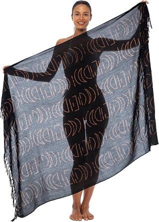 Back From Bali Womens Print Sarong Coverup Swimsuit Pareo with Boho Fringe & Coconut Clip - Wrap Skirt or Beach Shawl