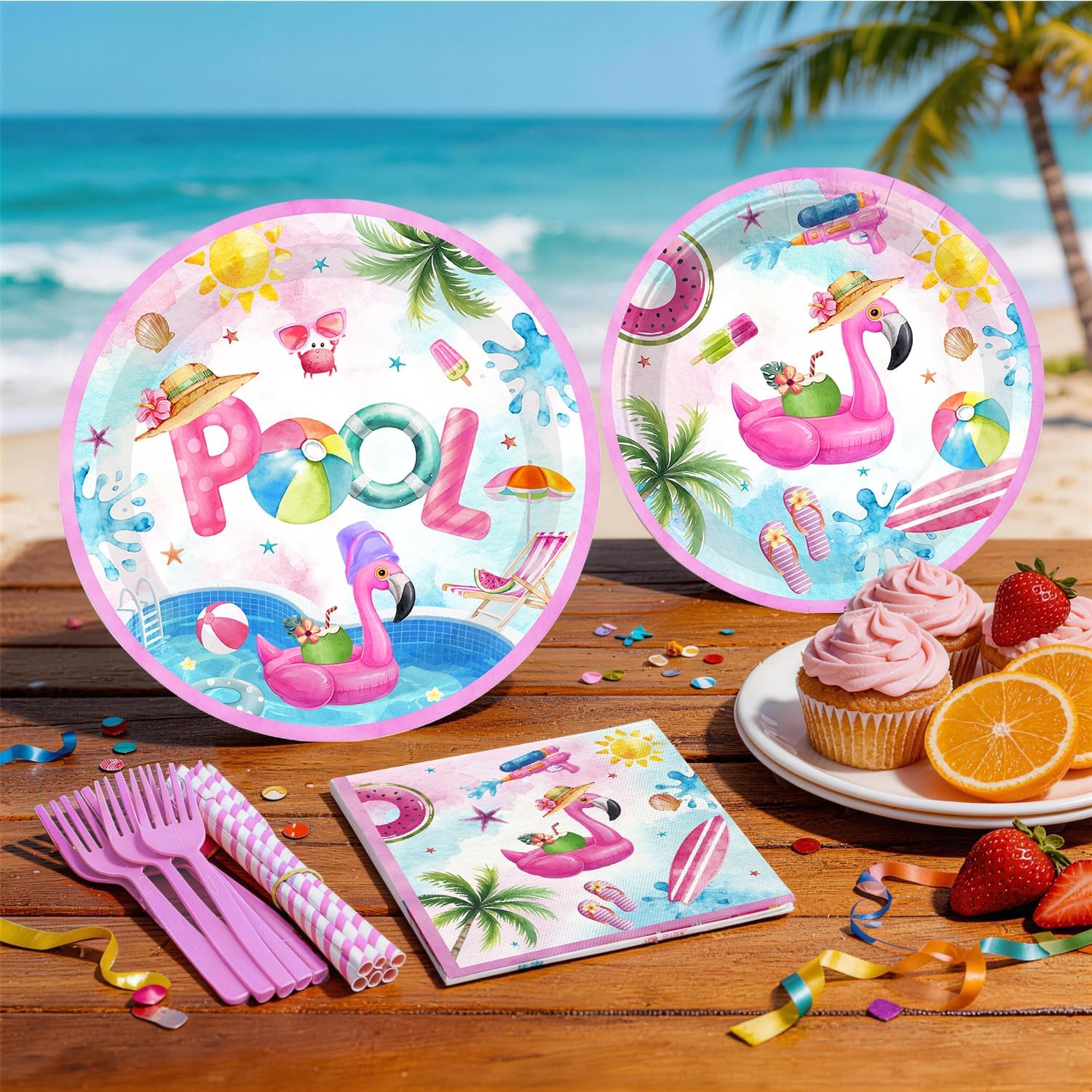 Xynic pool party decorations, 207 PCS Pool Party Birthday Decorations Set with Plates, Cups, Napkins, Serves 25, 2 Tablecloths, Banner, Balloon, Summer Pool Party Birthday for Girls