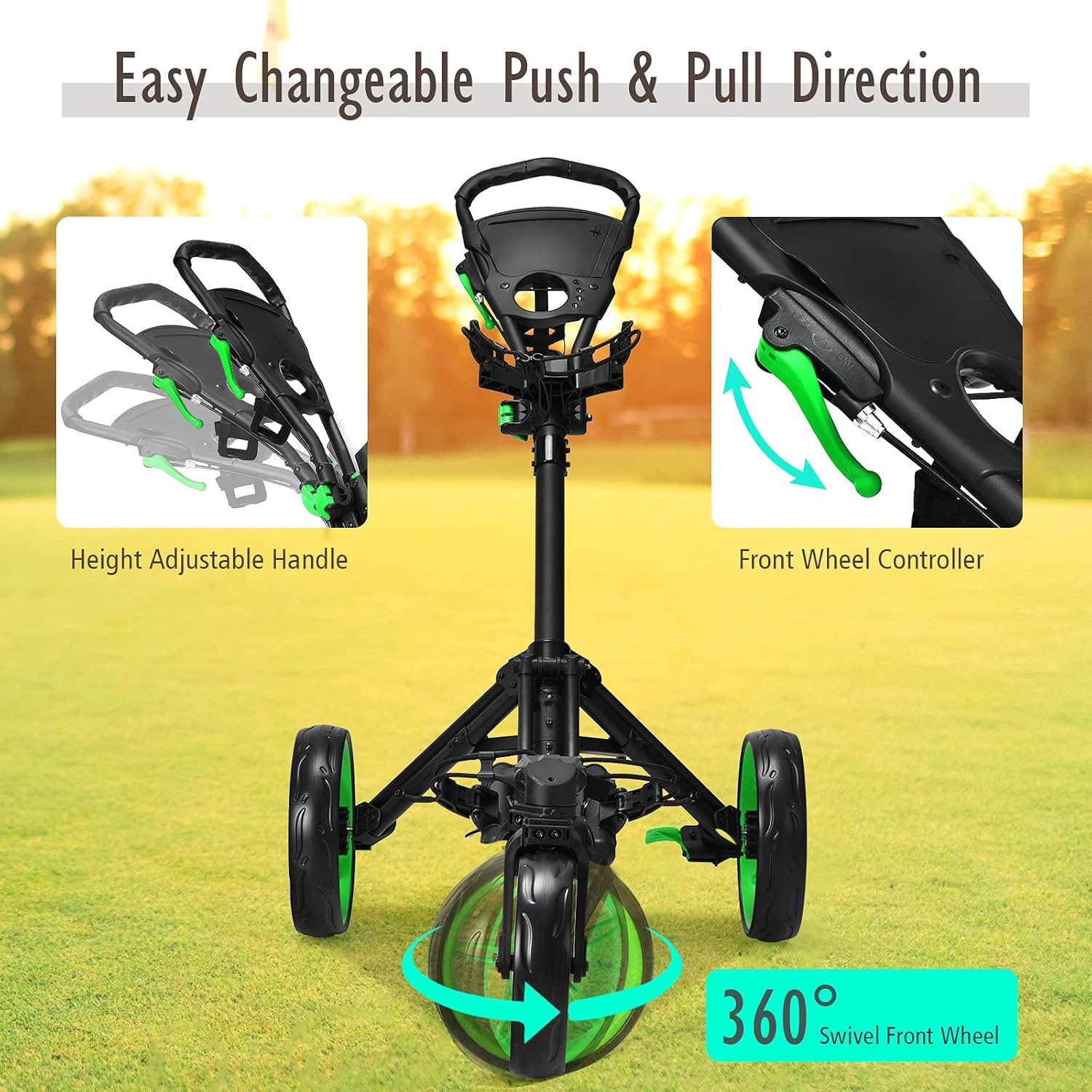 Tangkula Golf Push Cart with 360° Rotating Front Wheel, Aluminum Collapsible 3 Wheels Golf Pull Cart, Golf Trolley w/Elastic Strap, Scoreboard Storage & Foot Brake, Height-Adjustable Handle