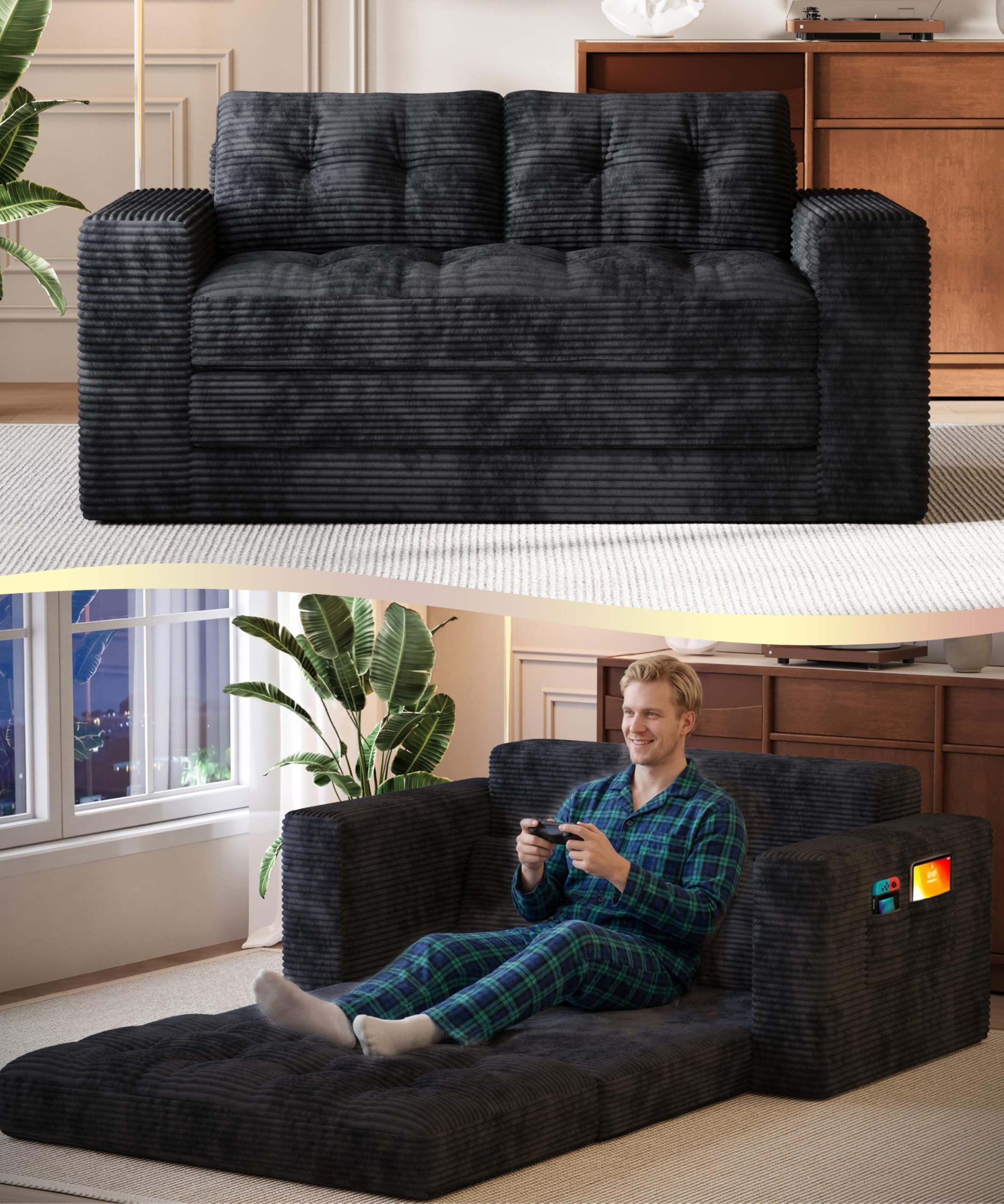 Gizoon Boneless Couch Bed Small Floor Couch 59" Convertible Sleeper Sofa | Folding Sofa Bed with 2 Pillows & Memory Foam, Corduroy Pull Out Couch for Small Spaces, Apartment, Living Room, Black