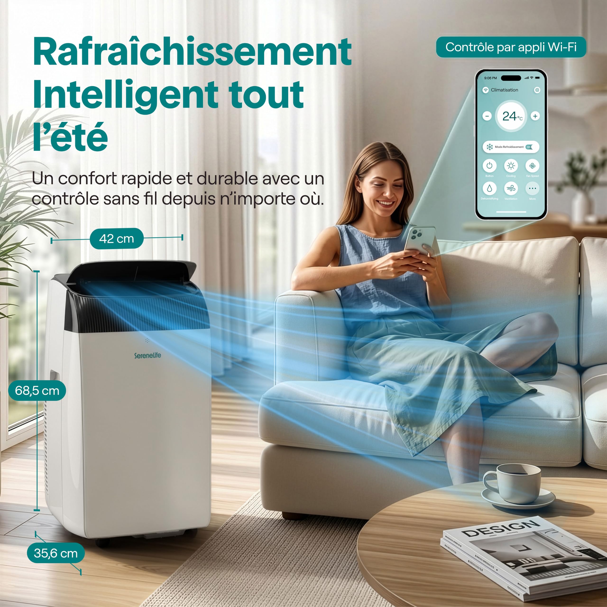 SereneLife Climatiseur Mobile 12000 BTU (3,52 kW), Wi-Fi, 3 En 1 Refroidissement, Déshumidification et Ventilation, Silencieux, Roulettes, Minuterie, Jusqu’à 40 m²