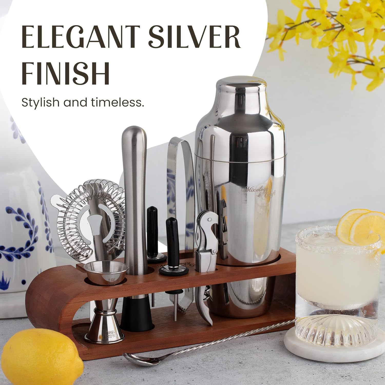Mixology & Craft Cocktail Shaker Set with Dark Bamboo Stand - Professional 10-Piece Bartender Kit - Complete Bar Set & Cocktail Mixer Kit for Home (Silver) - Image 6