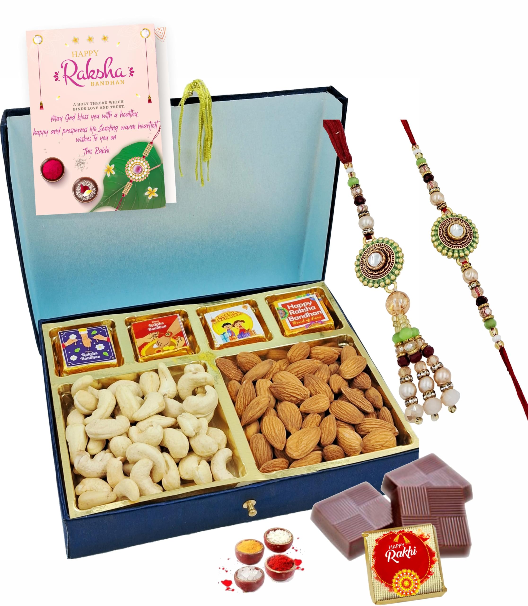 Rakhi for Bhaiya Bhabhi with Chocolate and Dry Fruit-Premium Rakhi with Lumba for Brother or Sister in Law, Handmade Chocolates with Almond Cashew Dry Fruit-image-32