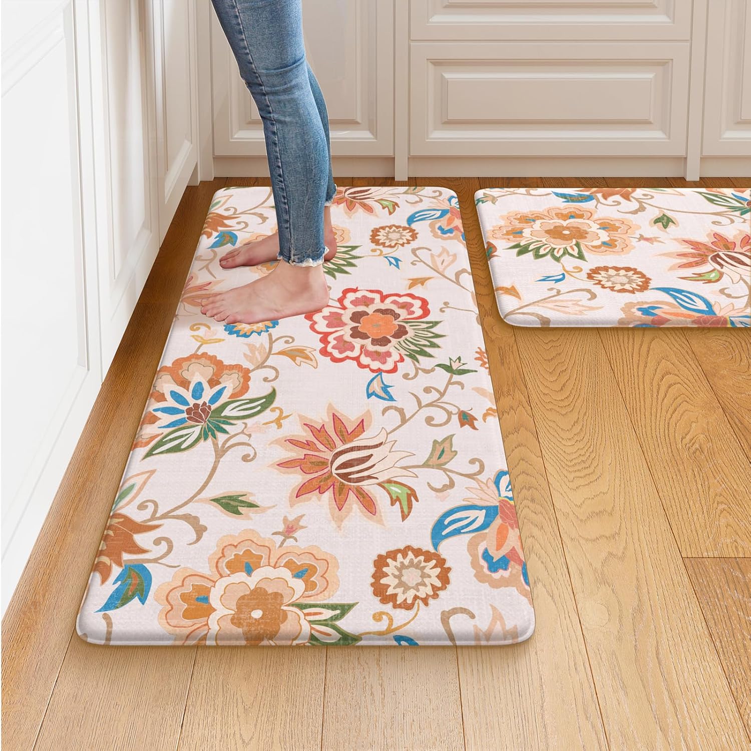LEEVAN Anti Fatigue Mats for Kitchen Floor 2 Piece,Cushioned Memory Foam Kitchen Mats for Floor,Comfort Floral Boho Non Slip Beige Kitchen Floor Mat for Sink,Laundry,Office(20"x31"+20"x47")