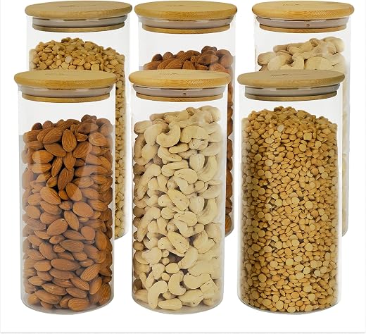 The Better Home Borosilicate Glass Jars with Bamboo Lid I 1000ml Each-Pack of 6 | Transparent Airtight Borosilicate Kitche...
