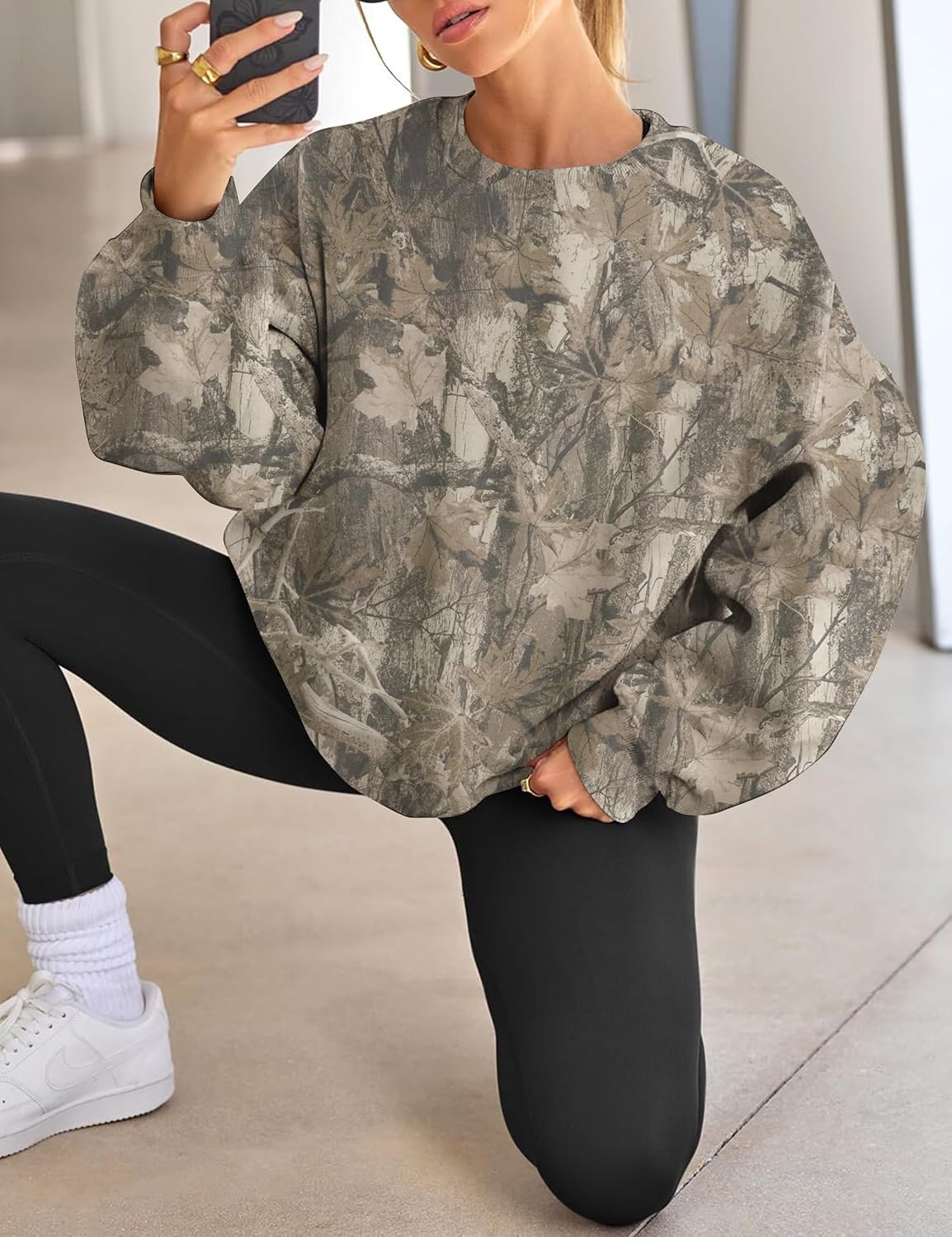 Womens Camo Sweatshirt Oversized Graphic Maple Leaf Print Crewneck Long Sleeve Y2k Trendy Fall Pullover Hoodies - Image 6