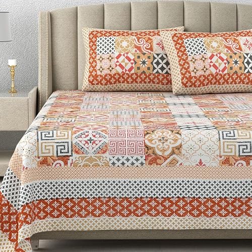 DE CAMA Since 1997 | 100% Cotton 300 TC Premium King Size Bedsheet for Double Bed (95 x 108 Inch) with 2 Pillow Covers Set (17 x 27 Inch) Designer Printed Bedsheet Set - Oasis, Orange