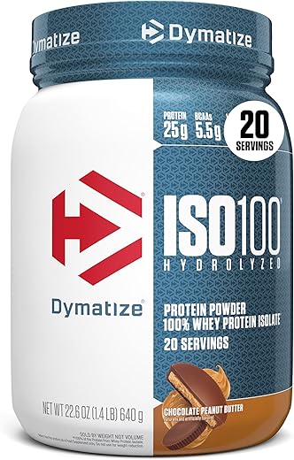 Dymatize ISO100 Whey Protein Powder Isolate, Chocolate Peanut Butter, 25g of Protein, 20 Servings, 5.5g BCAAs, Less Than 120 Cal., Gluten Free, 1g Fat, 1g Sugar, 2g Carb