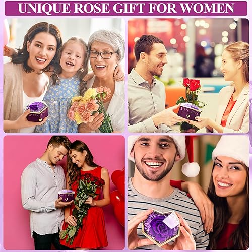 Miniatura 5 de Caja de rosas reales preservadas en forma de corazón con collar, rosas Forever I Love You, regalos para ella, regalos de flores eternas para