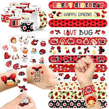 60 PCS Ladybug Party Favors Set - 36 Temporary Tattoos Sticker & 24 Slap Bracelets for Kids, Perfect for Birthday Parties, Classroom Rewards and Gifts