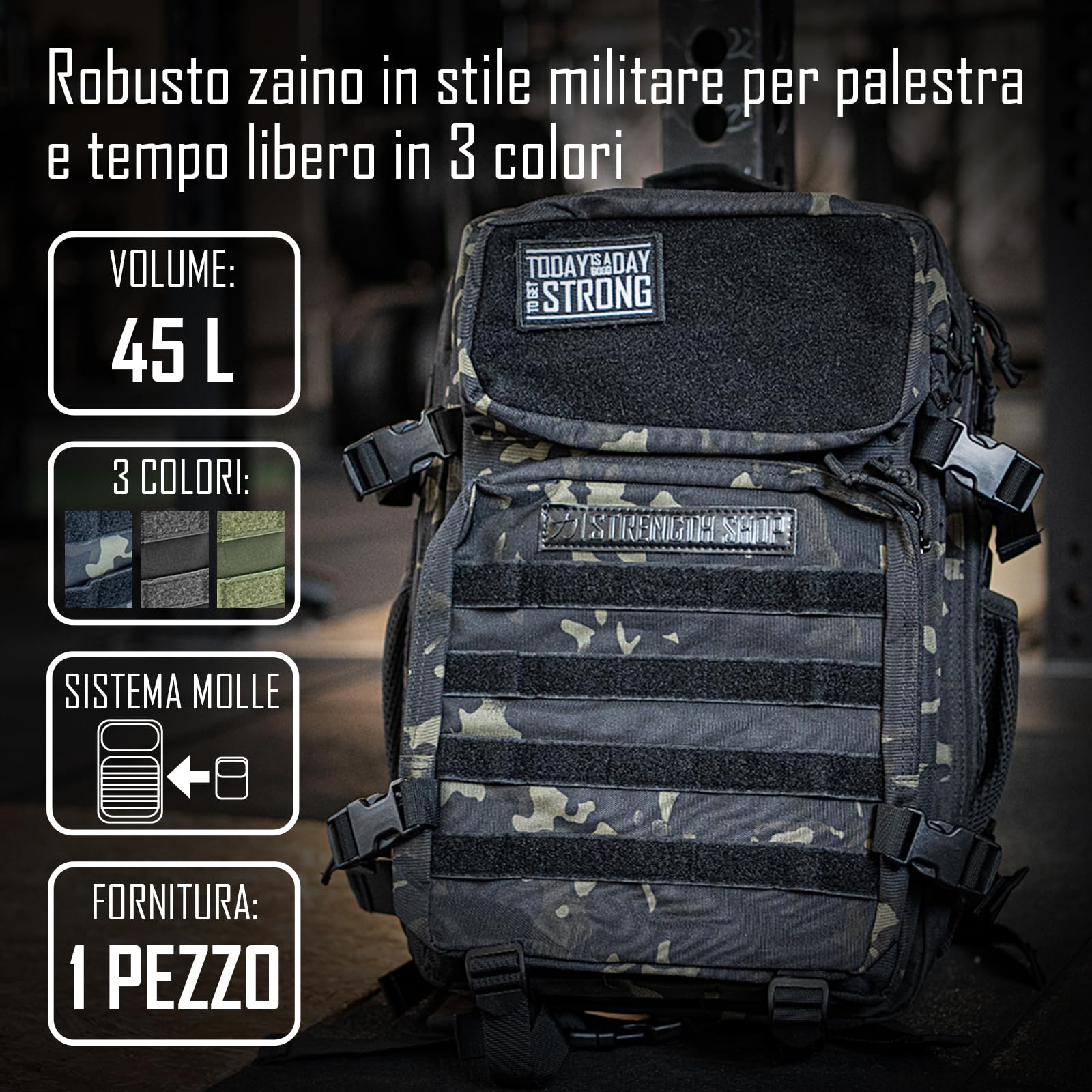 Strength Shop Zaino Militare con sistema Molle integrato, 45L, zaino crossfit con schienale imbottito & tasconetto per borracce, zaino tattico militare per attività outdoor.