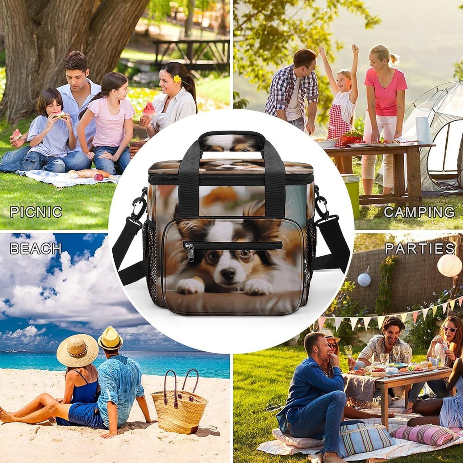 Papillon Lying on Tummy Cooler Bags Portable Soft Cooler Bag Lightweight Ice Chest Insulated Lunch Bags Camping Cooler Bag Cooler Lunch Tote Coolers for Picnic Travel Beach