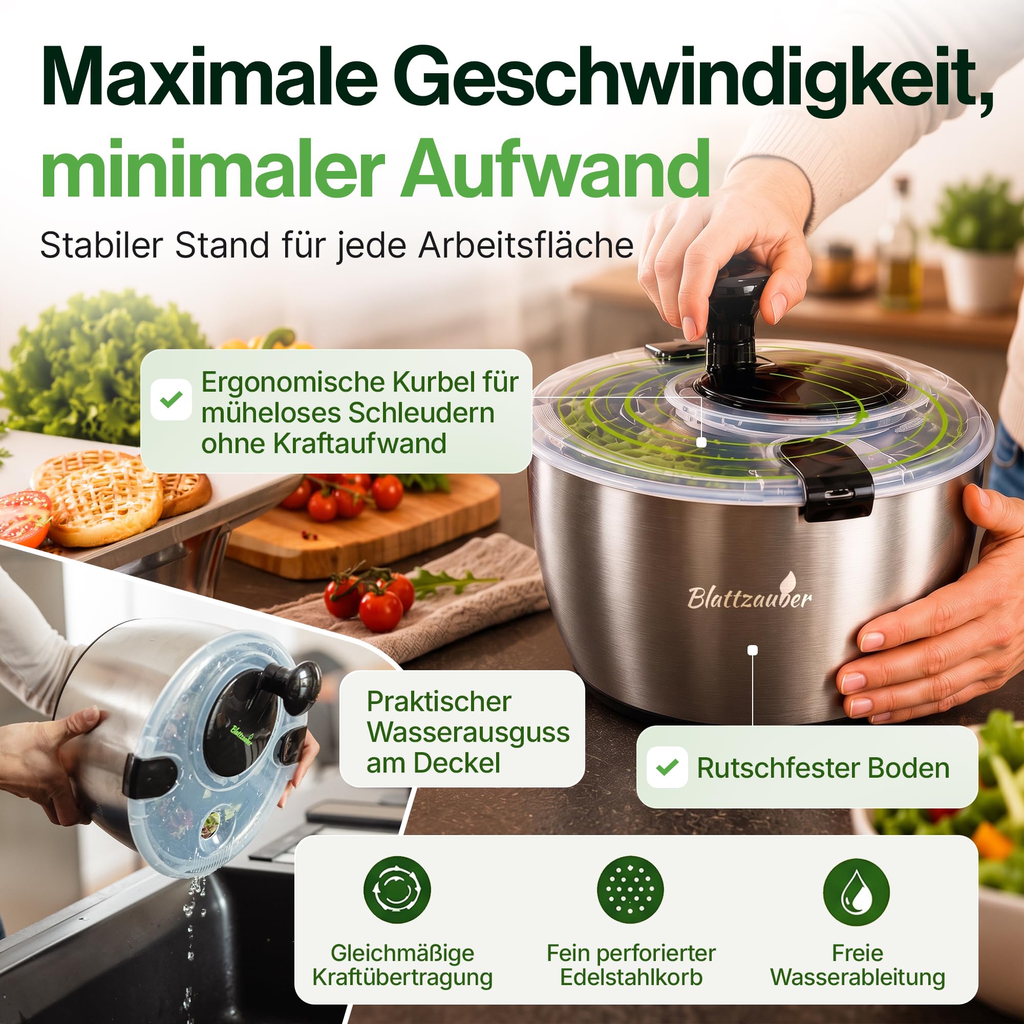 Salatschleuder Edelstahl 5 Liter Komplettset mit Deckel BPA-frei 2 Salatlöffel und Rezept Ebook Schleudern ohne Plastik für Gemüse und Kräuter