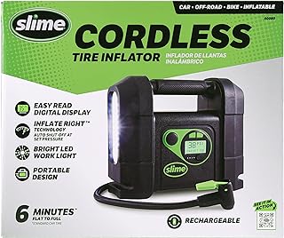 Slime 40080 Cordless Tire Inflator, Rugged Portable Air Compressor Pump with Auto Shut Off, Lithium Ion Battery and LED Light, Rechargeable